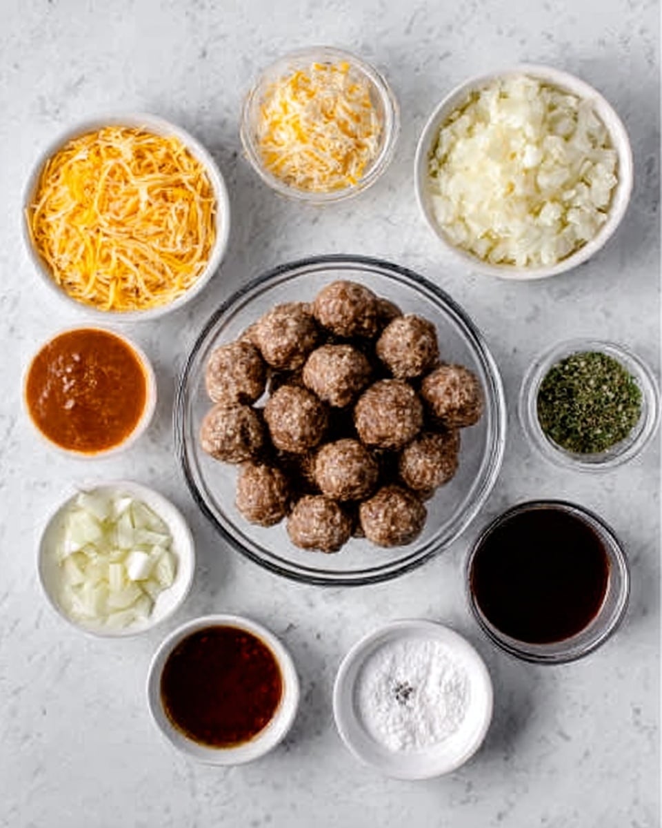 A white marbled surface holds a clear glass bowl filled with round, brown meatballs at the center. Surrounding this bowl are several small white bowls arranged in a semi-circle: one with shredded yellow cheese; one with chopped white onions; one with orange-brown sauce; one with minced yellow garlic; one with green herbs; one with black pepper; one with a brown liquid; one with thick dark brown sauce; and one with white powder. The setup is neat and organized, showing each ingredient separately, ready to cook. photo taken with an iphone --ar 4:5 --v 7