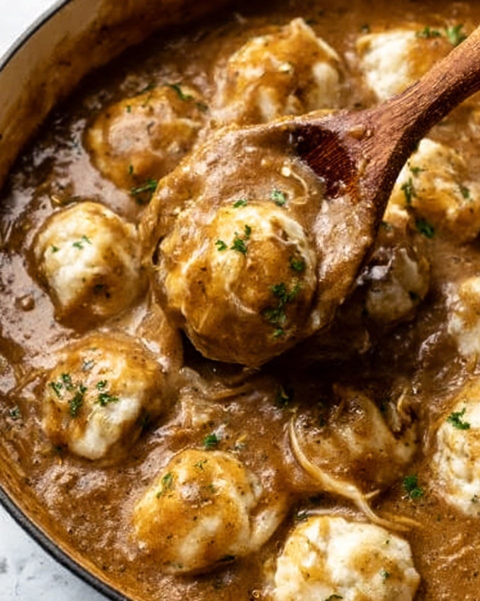 The image shows a close-up of a rich stew filled with many round, white dumplings covered in a thick, brown gravy. The stew is creamy and smooth, with bits of green herbs sprinkled on top for color. A wooden spoon lifts several dumplings, showing their soft, fluffy texture under the glossy sauce. The background is a white marbled surface, adding brightness to the warm colors of the dish. photo taken with an iphone --ar 4:5 --v 7