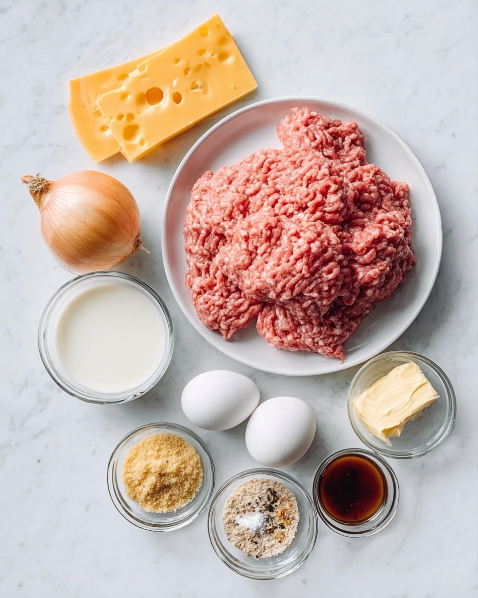 A white round plate holds a pile of raw ground meat, pink and slightly textured with small fat spots. Nearby, there is a single slice of yellow cheese with holes on a white marbled surface. Next to it, a small white bowl contains milk, smooth and white. A medium-sized yellow onion with papery skin rests on the marble surface close to the meat. In front, two white eggs are placed side by side. Small glass bowls hold light browned bread crumbs, mixed seasoning with tiny colorful flakes, a pat of pale butter, and a dark brown liquid sauce. The whole scene is on a white marbled background, well lit. photo taken with an iphone --ar 4:5 --v 7