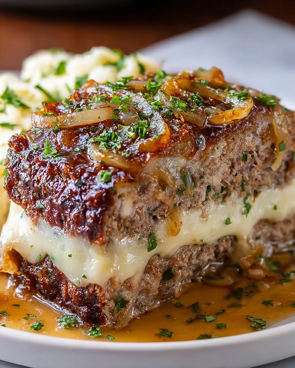 A thick meatloaf slice with a dark brown crispy outer layer covered by melted white cheese inside, topped with golden-brown cooked onions and finely chopped green herbs. The meat looks juicy with a soft texture, with the cheese oozing slightly between the layers. The dish is placed on a white plate over a white marbled surface, and there is some light brown sauce around the meat. Photo taken with an iphone --ar 4:5 --v 7