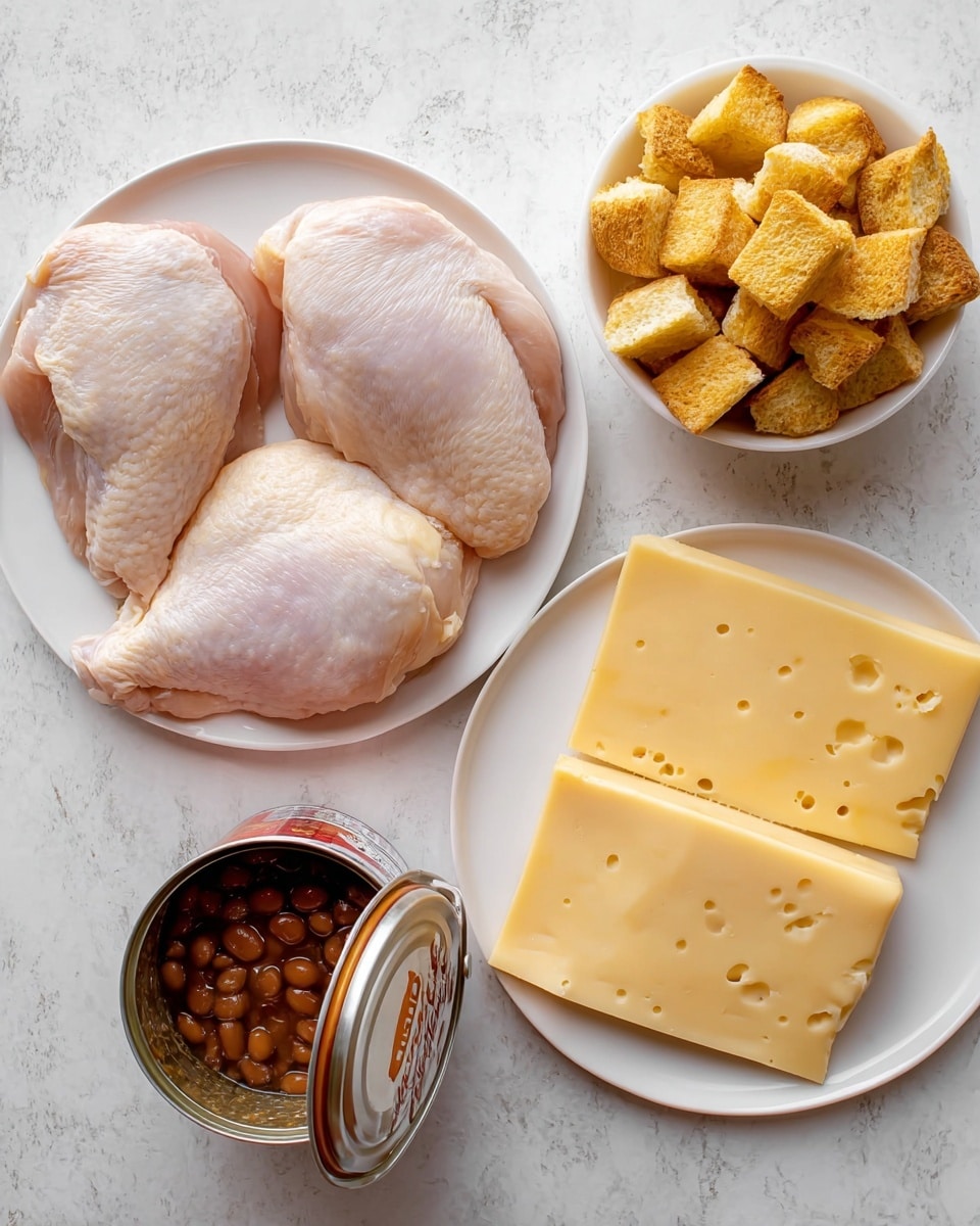 The image shows four raw chicken pieces placed next to each other on a white plate. To the right, there is a white bowl filled with golden brown croutons stacked unevenly. Below this bowl is another white plate holding three slices of pale yellow Swiss cheese with holes, layered overlapping. Next to the cheese plate is an open can filled with dark brown baked beans, the lid bent back showing the contents inside. All these items are on a surface with a white marbled texture. Photo taken with an iphone --ar 4:5 --v 7