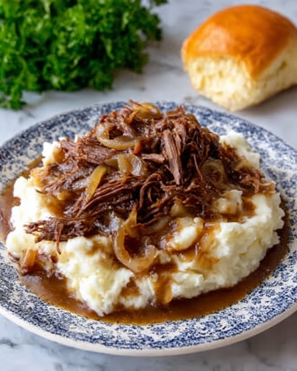 A white plate with a blue patterned edge holds a thick, creamy layer of mashed potatoes that look smooth and fluffy. On top, there is a generous pile of shredded dark brown meat covered in rich brown gravy with visible pieces of onion mixed in. The gravy slightly spreads around the base of the mashed potatoes. To the right, there is a soft golden brown bread roll. The background shows a white marbled surface and a bit of green parsley in the back. photo taken with an iphone --ar 4:5 --v 7