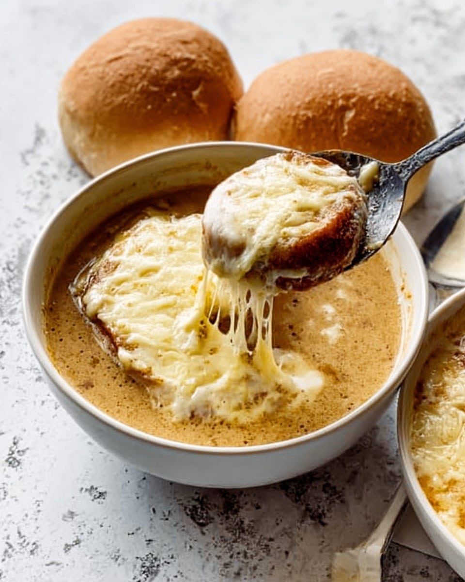 A white bowl filled with a creamy, light brown soup topped with melted, golden cheese, showing a soft, slightly crispy texture on top. A spoon inside the bowl scoops the soup, revealing a thick layer of cheese stretching lightly. Next to the bowl, there are two round, light brown bread rolls. The bowl and bread are placed on a white marbled surface. Photo taken with an iphone --ar 4:5 --v 7