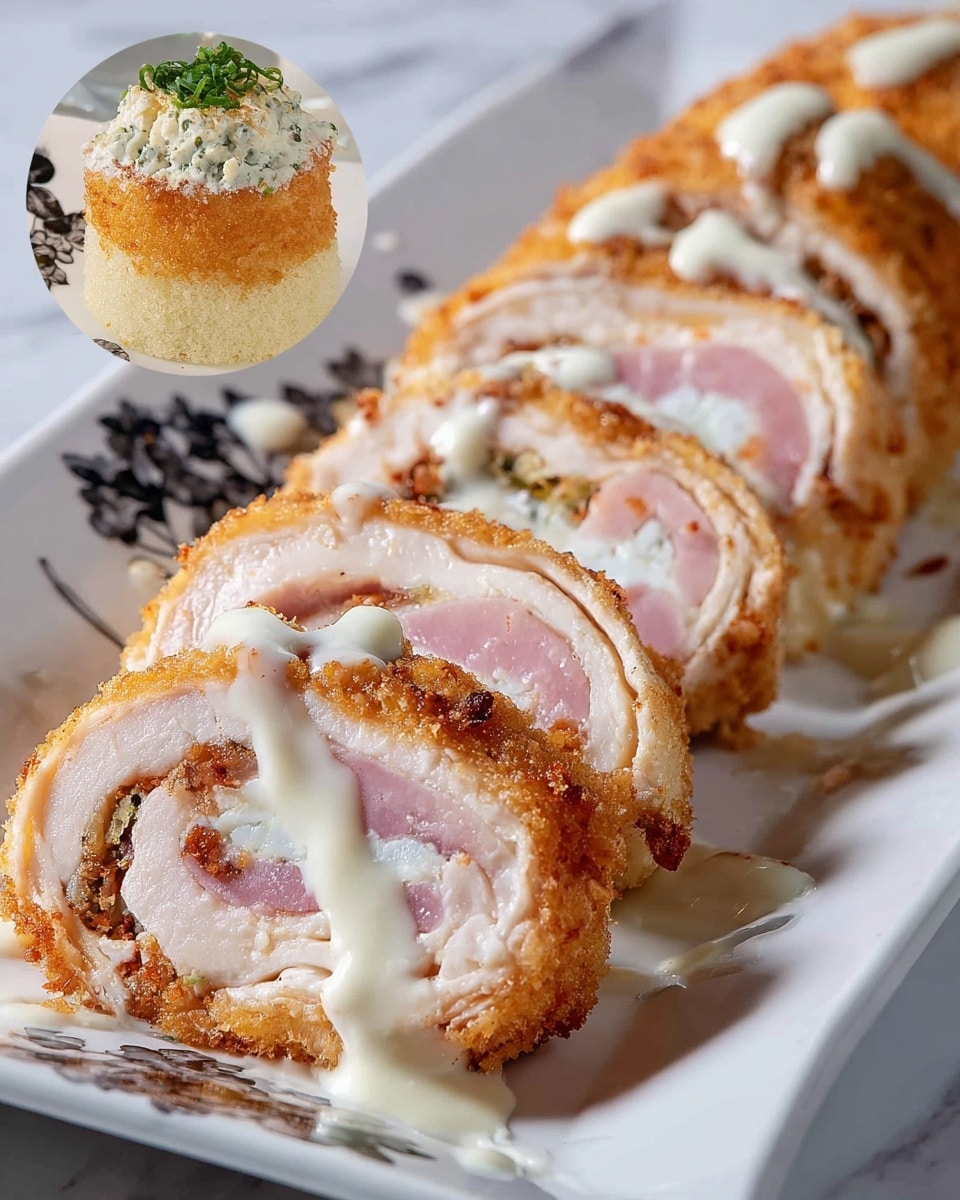 The image shows a white rectangular plate with a sliced rolled dish. The dish has three layers: a crispy golden-brown outer layer, a pinkish middle layer, and a creamy pale layer inside. The slices show the roll from the side, arranged in a line with some slices having white creamy sauce drizzled on top. In the top left corner, there is a small round close-up of a piece of the dish resting on a fluffy light beige base, garnished with a small green herb on top, all set on a white plate with black floral patterns, on a white marbled surface. Photo taken with an iphone --ar 4:5 --v 7
