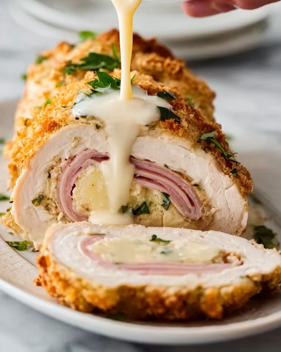 A close-up view of a sliced stuffed chicken roll sits on a white plate, placed on a white marbled surface. The chicken roll has three main layers: the outer layer is golden brown and crispy, the middle layer is a thick white cooked chicken, and inside there are slices of light pink ham and melted pale yellow cheese. Fresh green herbs are visible inside and on top. Creamy white sauce is being poured over the top of the chicken roll, adding a glossy texture. A woman's hand holds the plate gently from the side. Photo taken with an iphone --ar 4:5 --v 7