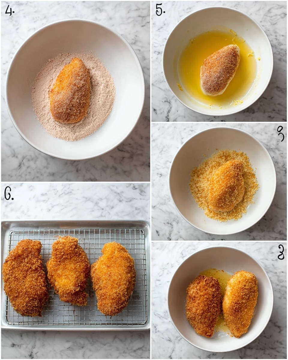 A set of five images showing the process of breading and baking chicken. The first image presents a single chicken piece covered in a light brown flour mixture resting at the center of a white bowl on a white marbled surface. The second image displays the same chicken piece soaked in a yellow egg wash, still in a white bowl on the same white marbled surface. The third image shows the chicken coated with golden brown breadcrumbs in the white bowl. The fourth image has four breaded chicken pieces, all deep golden brown and raw, placed on a metal wire rack over a tray with a white marbled background. The last image shows the four baked chicken pieces with a crispier, more orange-brown crust, some with melted cheese bubbling out slightly from inside. Photo taken with an iphone --ar 4:5 --v 7