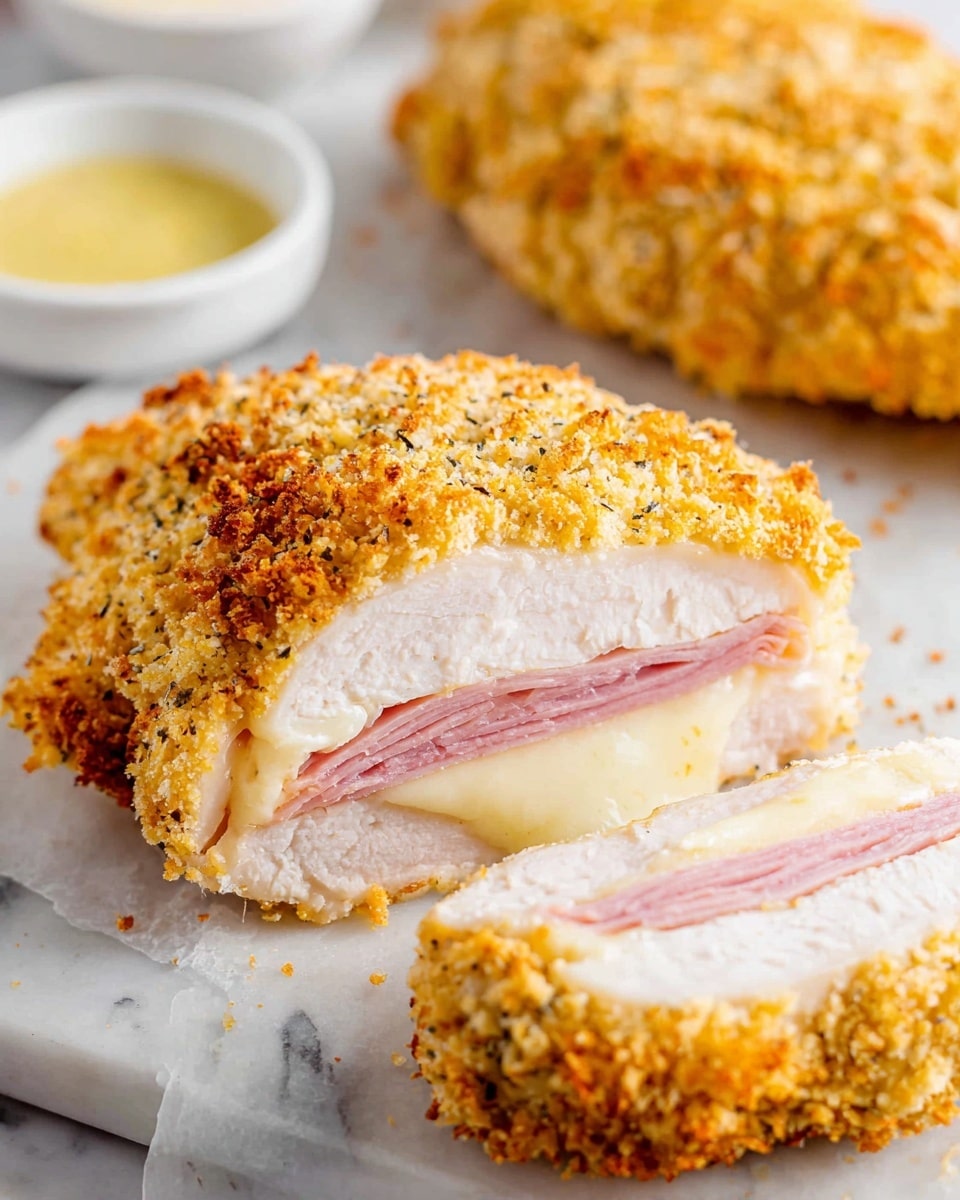 The image shows a close-up of a breaded and baked chicken dish sliced open to reveal layers inside. The outer layer is a golden, crispy breadcrumb coating with a slightly rough texture, covering a white cooked chicken layer beneath. Inside, there are thin slices of pink ham stacked neatly, topped by a melted creamy white cheese layer, all inside the chicken. The dish is placed on a white marbled surface, with another piece of the same breaded chicken in the background and two small white bowls containing dipping sauces, one light yellow and the other white. Photo taken with an iphone --ar 4:5 --v 7