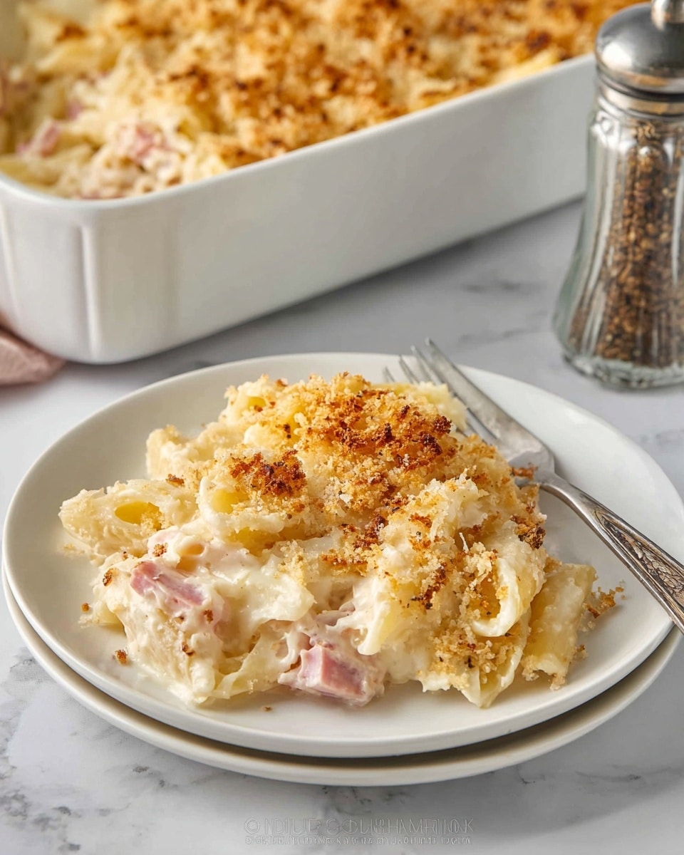 A white plate holds a serving of creamy baked pasta with three main layers: the bottom layer is soft pasta coated in a thick white sauce with small bits of pink ham mixed throughout, the middle layer shows tender, curled pasta pieces blending into the sauce, and the top layer is a golden brown crunchy breadcrumb topping scattered unevenly over the dish. A silver fork rests on the right side of the plate. In the background, there is a white baking dish filled with the same pasta topped with the browned crumbs. The setting includes a white marbled surface and a clear pepper grinder on the right side. photo taken with an iphone --ar 4:5 --v 7