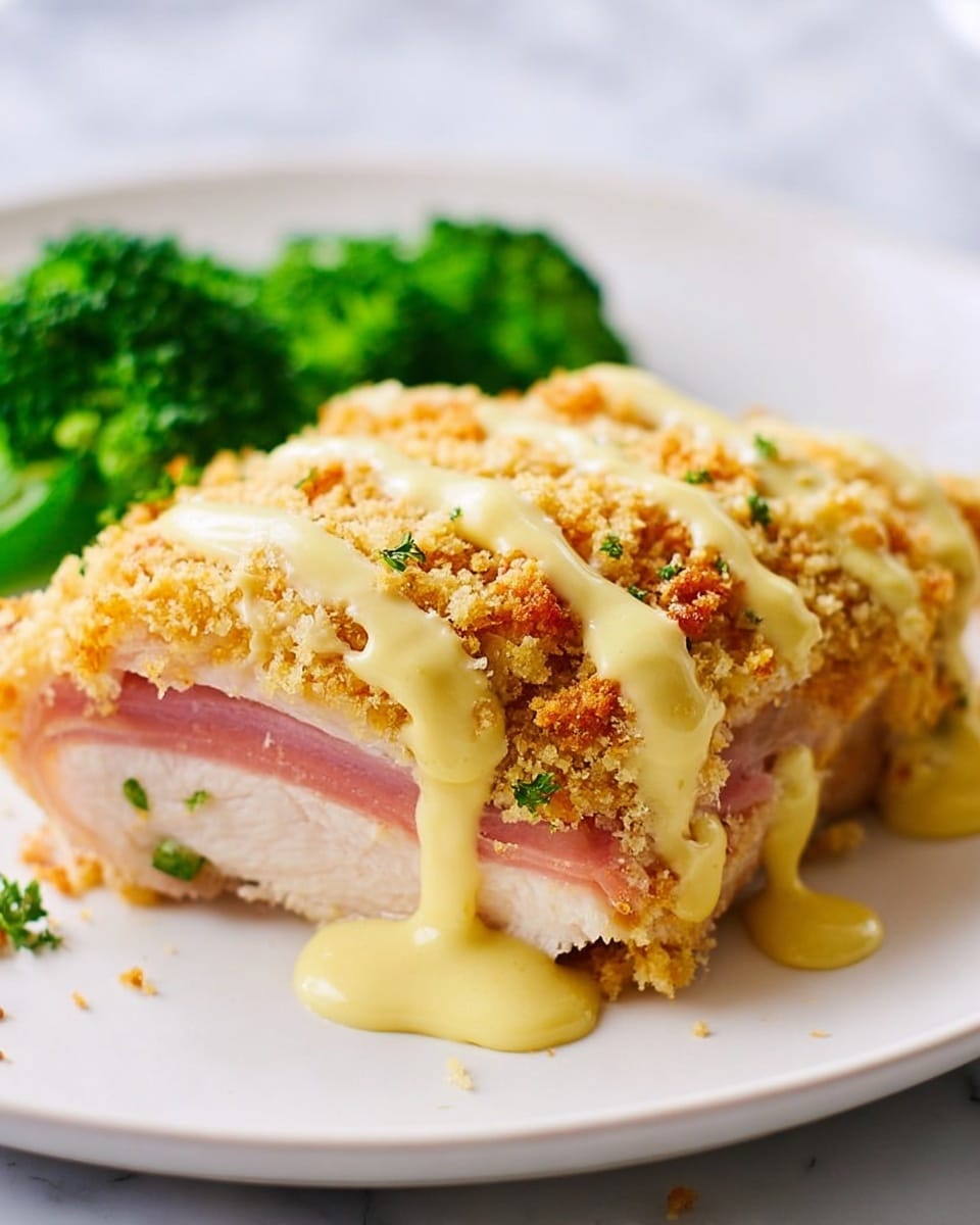 The dish shows a close-up of a layered chicken meal on a white plate, placed on a white marbled surface. The main piece is a thick layer of cooked chicken, topped with a smooth slice of pink ham. Over the ham, there is a golden brown crumb layer with small green herb bits visible inside. On top of the crumb layer, creamy yellow sauce is spread in smooth lines. In the background, there is a side of bright green broccoli adding color contrast. The image looks bright and sharp, focused on the juicy textures of the chicken and crisp crumb topping. photo taken with an iphone --ar 4:5 --v 7