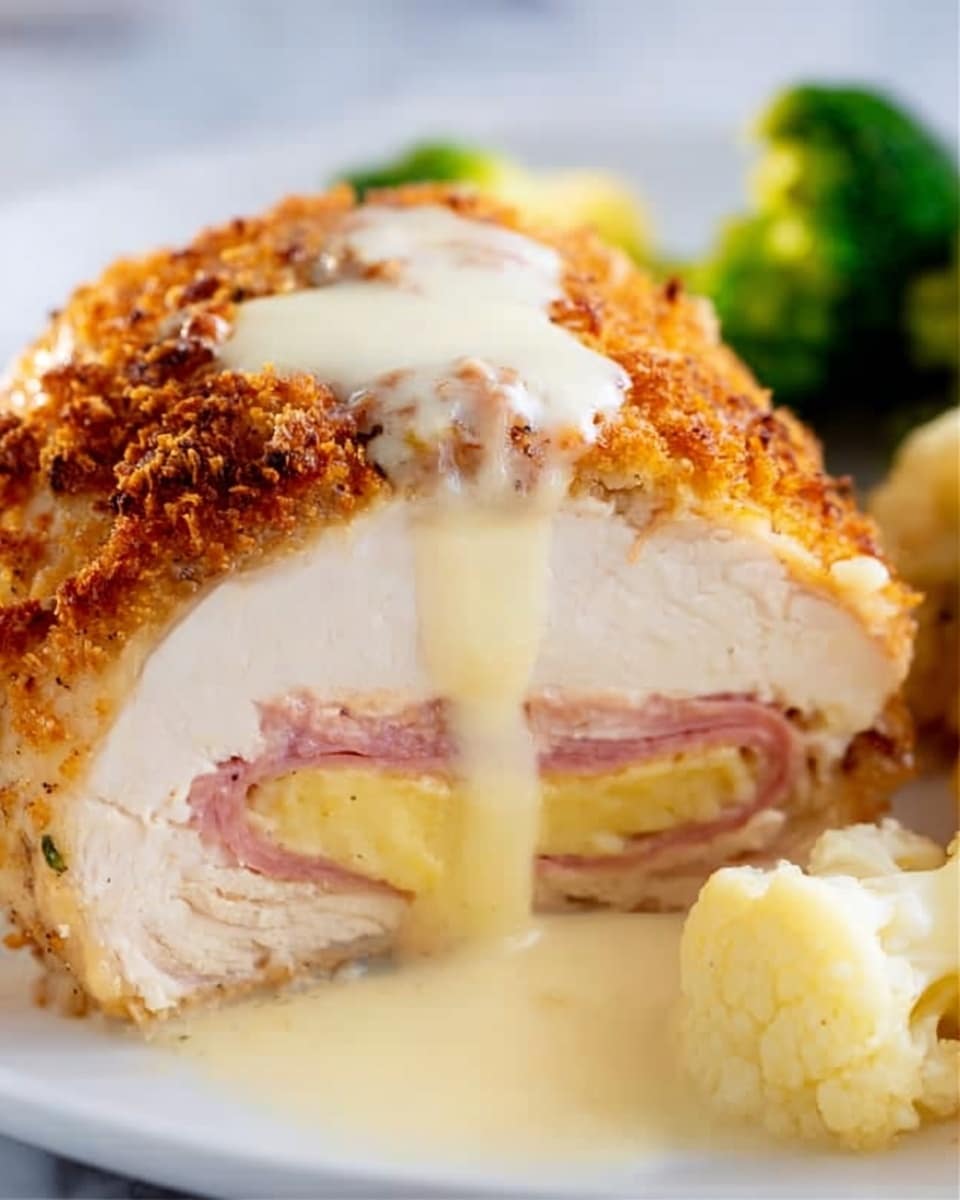 The image shows a close-up of a stuffed chicken dish with a golden brown crust on the outside. Inside, there are three layers: a thick white chicken layer, a pink ham layer in the middle, and a melted yellow cheese layer just above the ham. On top of the chicken, there is a dollop of creamy white sauce that is dripping slightly down the side. In the background, there are small pieces of steamed green broccoli and light yellow cauliflower, all placed on a white plate. The whole scene sits on a white marbled surface. Photo taken with an iphone --ar 4:5 --v 7
