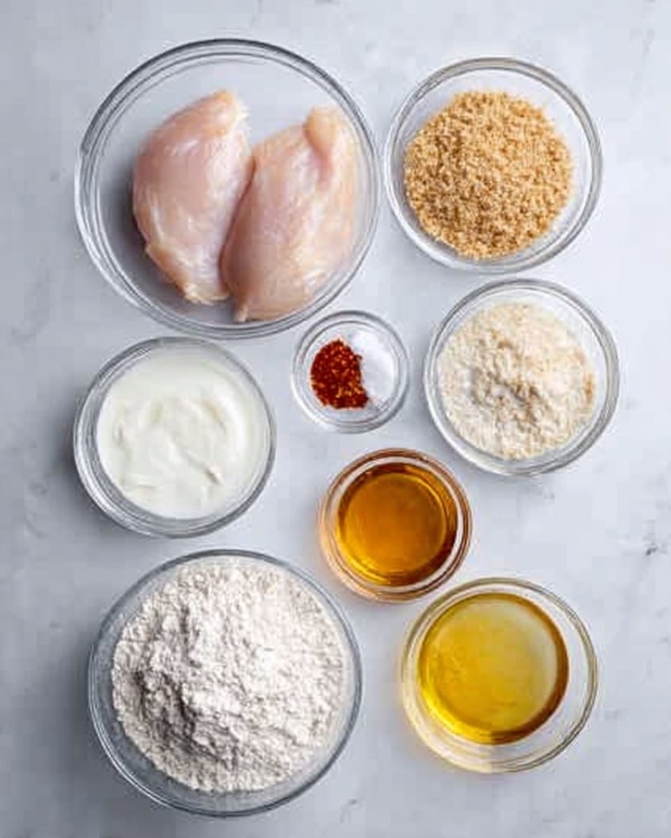The image shows seven clear glass bowls arranged on a white marbled surface. One bowl holds two raw chicken pieces with a pale pink color, placed on the left side. Next to it, a small bowl contains a white powder and a small amount of red spice. Another bowl contains light brown bread crumbs, positioned on the top right. Below, a bowl of plain white yogurt sits in the middle. To its right, there is a bowl filled with light yellow mustard. In front of the yogurt, a bowl contains golden honey with a smooth texture. Finally, a bowl of white flour occupies the bottom left area. All bowls are transparent and neatly arrange the ingredients in a simple setup. Photo taken with an iphone --ar 4:5 --v 7