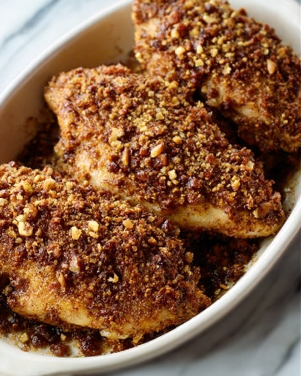 The image shows a white oval dish filled with three cooked chicken parts covered in a thick, crunchy brown nut and spice coating. The coating is uneven with small chunks all over, giving a rough texture to the top of each chicken piece. The chicken pieces are laid side by side and angled slightly to form a neat row. The dish rests on a white marbled surface. Photo taken with an iphone --ar 4:5 --v 7