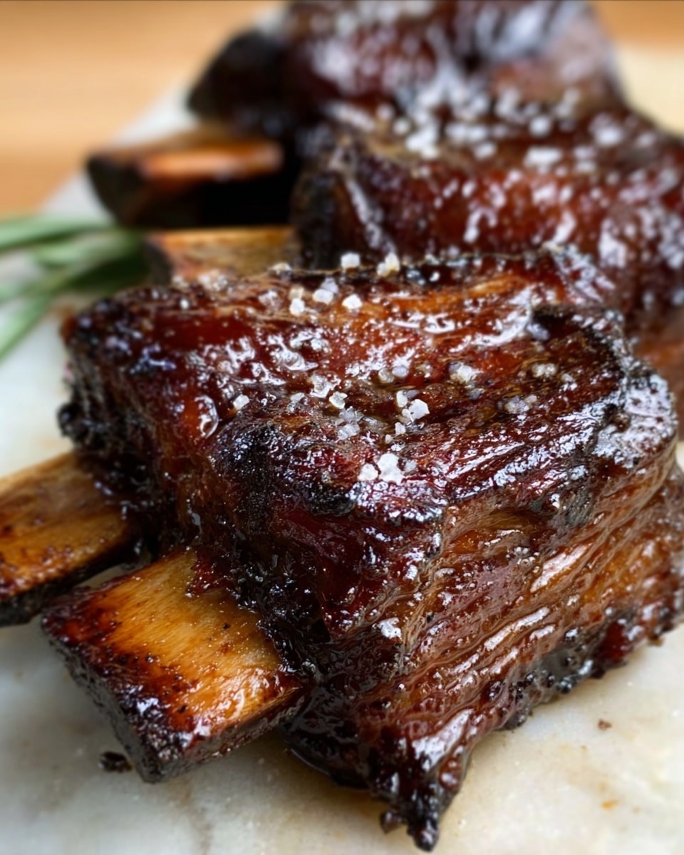 A close-up image shows two thick pieces of dark brown grilled meat wrapped around small bones, with a shiny glaze and a sprinkling of coarse salt on top. The meat looks juicy and slightly charred at the edges, resting on a white marbled surface with a few green herb sprigs barely visible in the background. Photo taken with an iphone --ar 4:5 --v 7