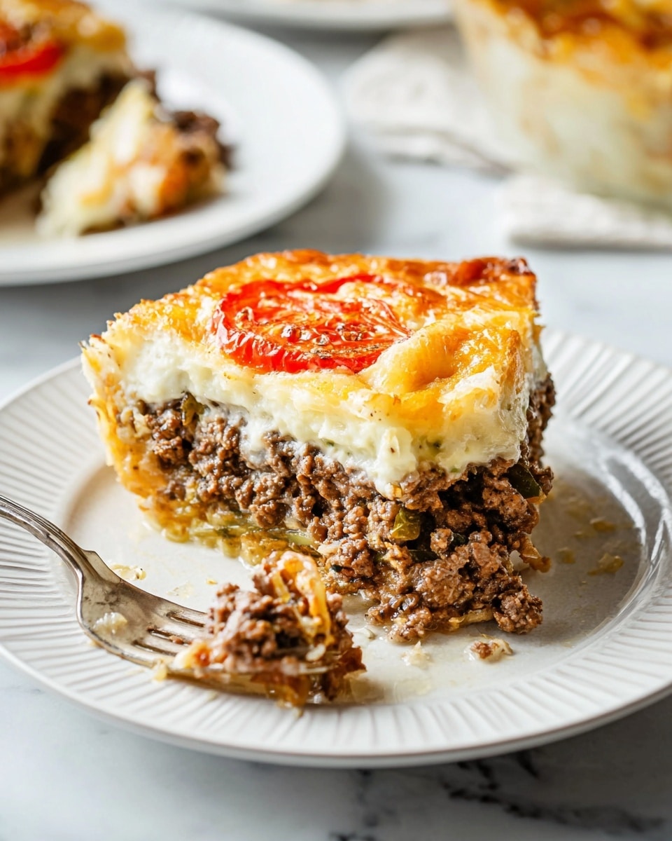 The image shows a thick slice of layered ground meat pie on a white plate with ridged edges. The bottom layer is a golden, slightly crispy crust, topped by a thick layer of brown cooked ground meat mixed with small bits of cheese or sauce. Above the meat is a lighter cream layer, with a bright red slice of tomato and melted golden cheese on top that spills slightly over the edges. A silver fork lies on the plate with some meat pieces on it. The plate rests on a white marbled surface with a soft focus, showing parts of other plates with food in the background. Photo taken with an iphone --ar 4:5 --v 7