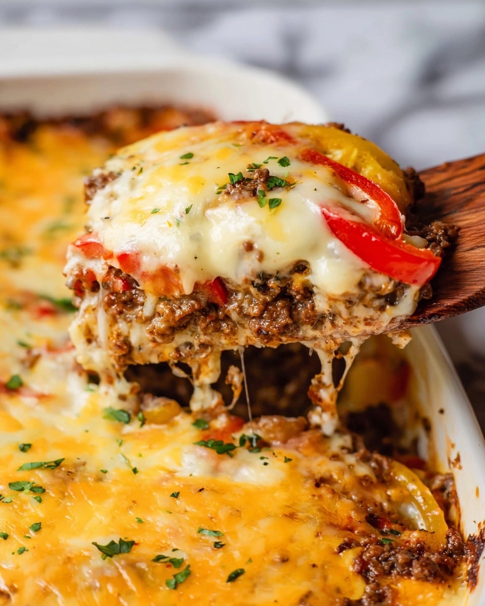 The image shows a close-up of a baked dish being scooped with a wooden spatula. The dish has multiple layers: the bottom layer is cooked ground meat with a brown, crumbly texture; above that are thin slices of red bell pepper adding bright red color; on top is a thick layer of melted cheese that is creamy white and yellow, bubbling and stringy, stretched as it is lifted. Small bits of green herbs are scattered over the cheese, adding contrast. The dish is in a white baking dish sitting on a white marbled surface. photo taken with an iphone --ar 4:5 --v 7