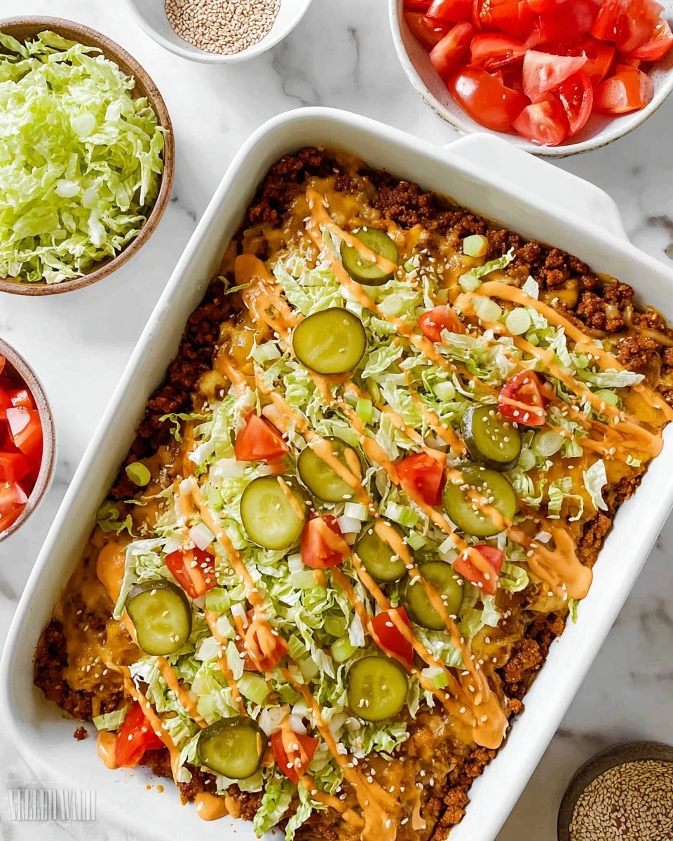 The image shows a white rectangular baking dish with a layered casserole. The bottom layer is a browned, melted cheese and ground meat mix in orange and brown tones, covering the entire dish. On top, there is a fresh layer of thinly shredded light green lettuce, scattered with round green pickle slices and small red tomato chunks. A creamy, light orange sauce is drizzled over the top, and white sesame seeds are sprinkled across all layers. Around the dish, bowls hold shredded lettuce, more green pickle slices, sesame seeds, and diced tomatoes, all placed on a white marbled surface. Photo taken with an iphone --ar 4:5 --v 7