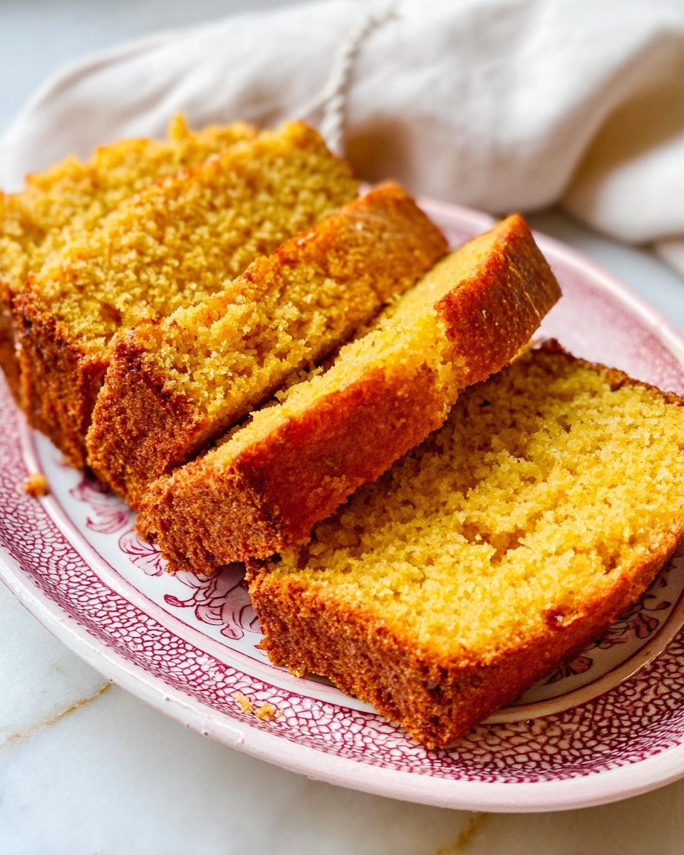 The image shows four thick slices of golden brown cornbread arranged in a row on a white plate with a red decorative pattern around the edge. The cornbread appears moist and crumbly, with a slightly rough texture and a light yellow-orange color inside. The edges are darker and more crisp, while the inside is soft and fluffy. The plate rests on a white marbled surface with a white cloth visible in the background. Photo taken with an iphone --ar 4:5 --v 7