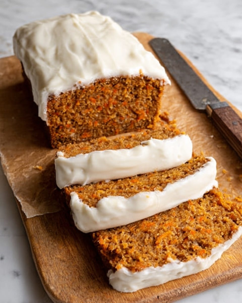 The image shows a loaf of carrot cake with two slices cut and laid in front of it. The cake has a dense, moist texture with a warm brown color and small bits of carrot throughout. It is covered with a thick layer of smooth white cream cheese frosting on top and between the slices, creating a creamy contrast against the brown cake. The cake sits on a wooden cutting board with a knife beside it. The background is a white marbled surface. Photo taken with an iphone --ar 4:5 --v 7