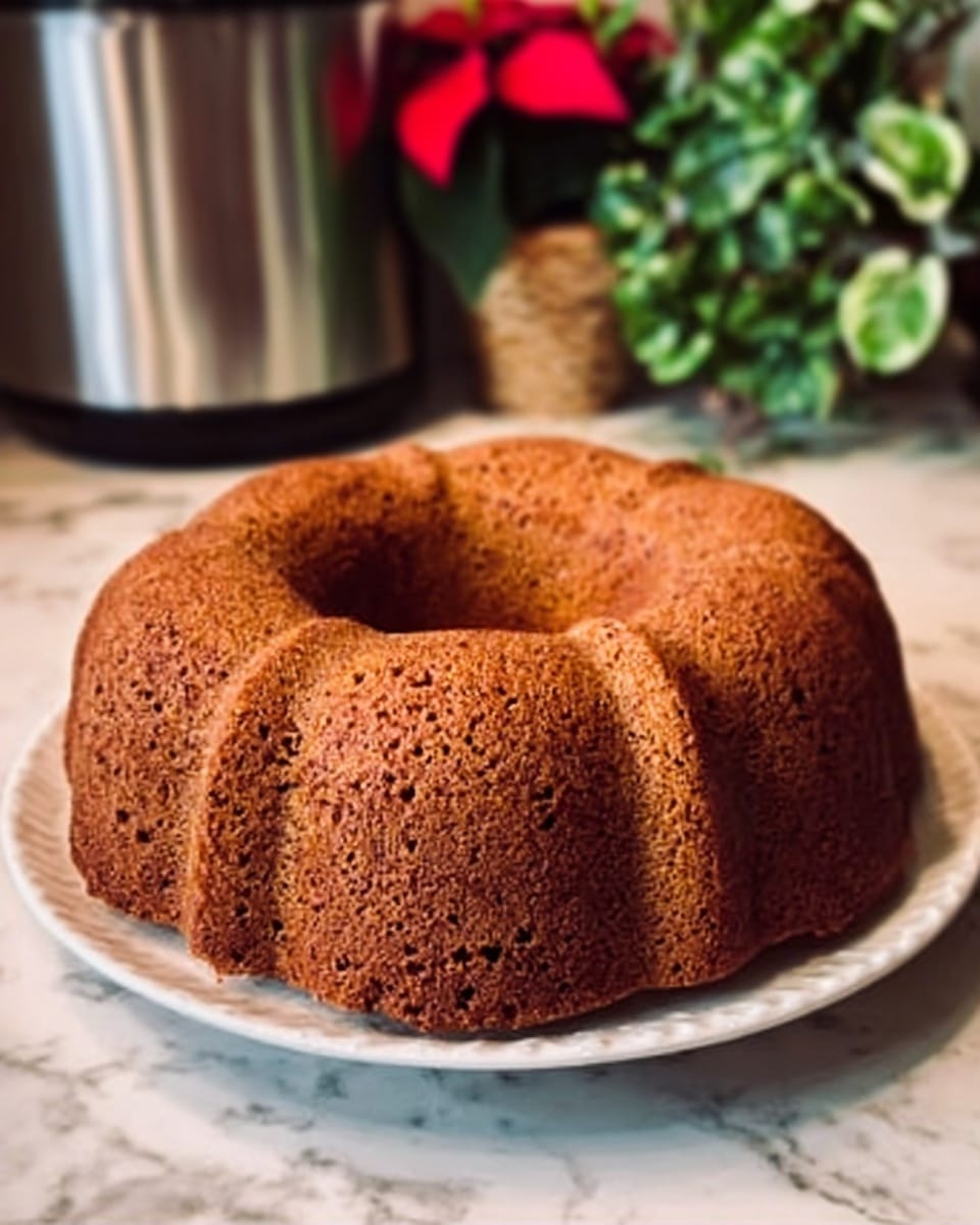 A golden-brown bundt cake with a slightly rough texture sits on a white plate. The cake has a smooth, evenly browned surface with small, visible crumbs and a classic ring shape with scalloped edges. The background is a white marbled surface, with a shiny modern silver cooker on the left side and a green plant with red flowers on the right side. The cake is centered and looks fresh. Photo taken with an iphone --ar 4:5 --v 7