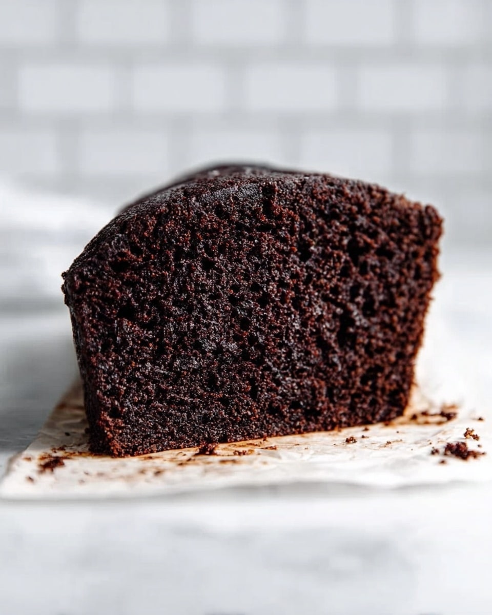A single thick slice of dark chocolate cake is shown from the side, standing upright on a piece of white parchment paper with some crumbs around it. The cake has a moist, dense texture with a deep brown almost black color and small air holes inside showing its softness. The background is a soft white marbled surface with blurry white subway tiles behind it, creating a clean and simple look. The focus is fully on the rich, dense slice of cake without any additional toppings or decorations photo taken with an iphone --ar 4:5 --v 7