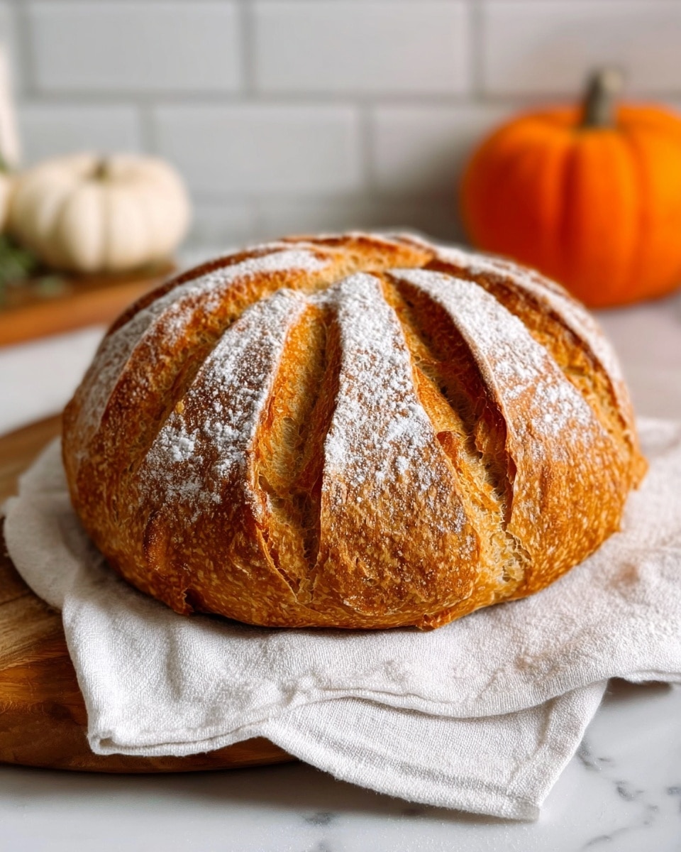 A round loaf of bread with five deep curved slashes on top creating petal-like sections, dusted lightly with white flour. The bread has a golden brown crust with a slightly textured surface, sitting on a soft white cloth, which is placed on a wooden board. In the background, part of a white tiled wall and a small orange pumpkin are visible, all set on a white marbled surface. photo taken with an iphone --ar 4:5 --v 7