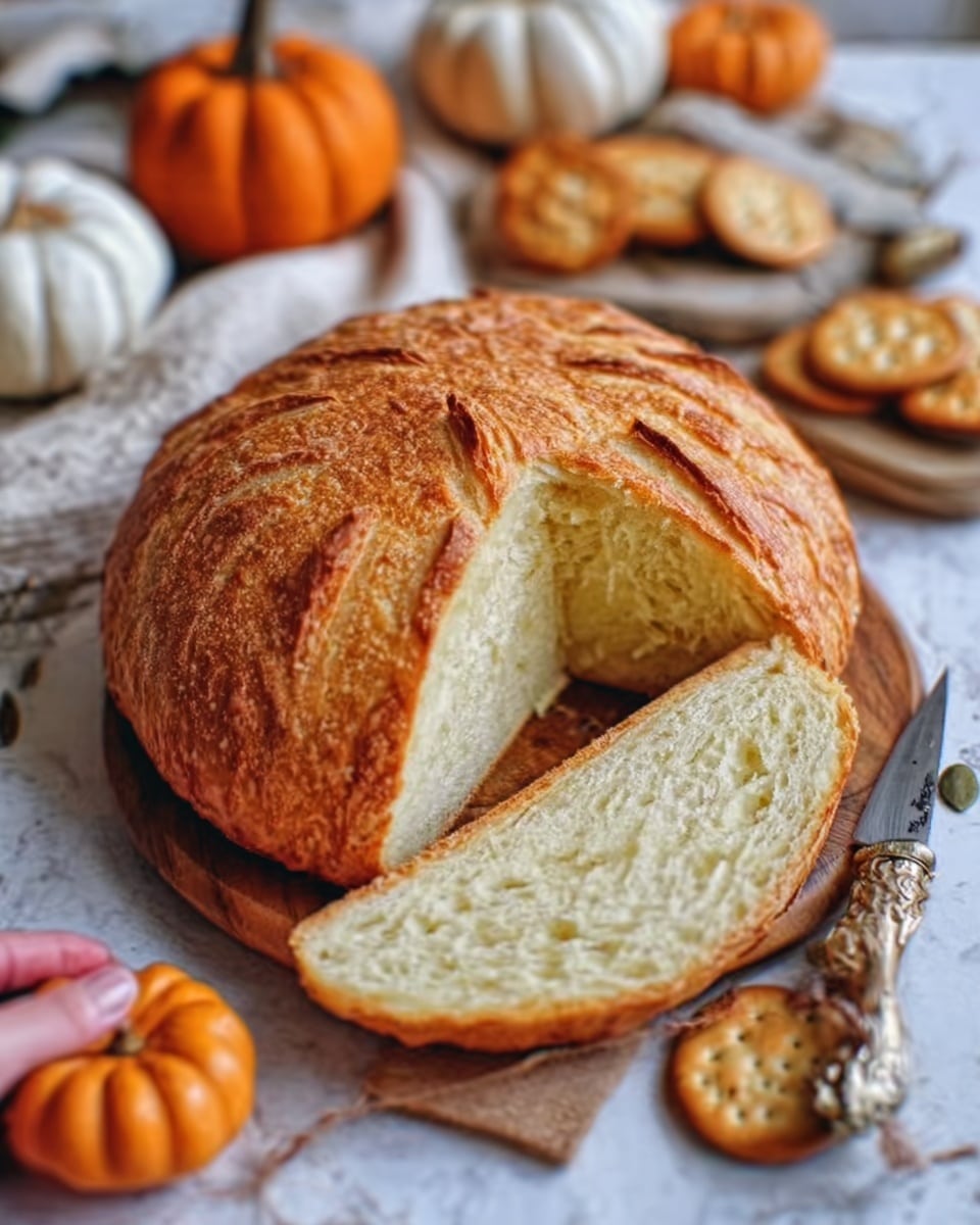 The image shows a round loaf of bread with a golden brown, textured crust that has been sliced to reveal its soft, light yellow inside. The loaf sits on a small wooden board on a surface with a white marbled texture. In the background, there is a white cloth, round crackers, and small orange and white pumpkins scattered around, giving a cozy, autumn feel. A woman's hand is gently holding the edge of the wooden board. Photo taken with an iphone --ar 4:5 --v 7