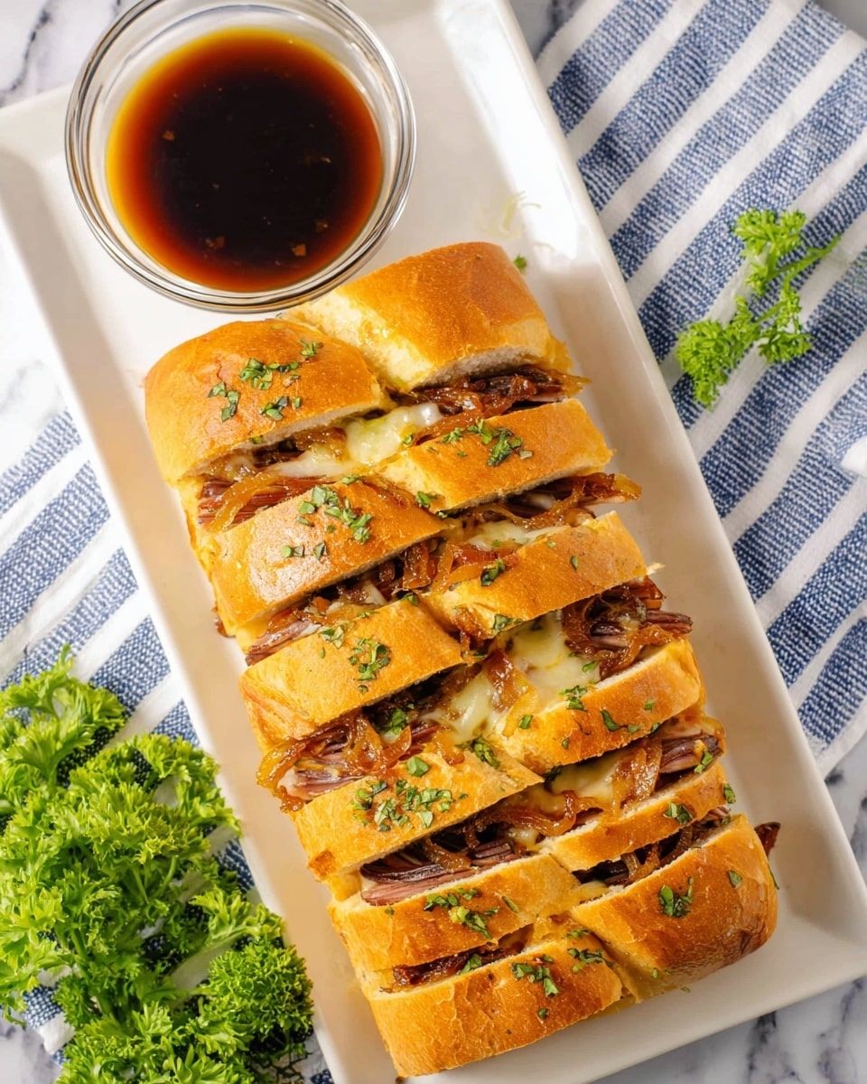 A white rectangular plate holds a sliced loaf of bread with five deep cuts filled with layers of melted golden cheese, thin slices of brown meat, and golden caramelized onions scattered on top. The bread crust is golden brown with green herbs sprinkled over it. On the top left of the plate, there is a small round glass bowl filled with dark brown dipping sauce. To the right of the plate, there is a bunch of fresh green parsley. The plate sits on a striped blue and white cloth over a white marbled surface. photo taken with an iphone --ar 4:5 --v 7