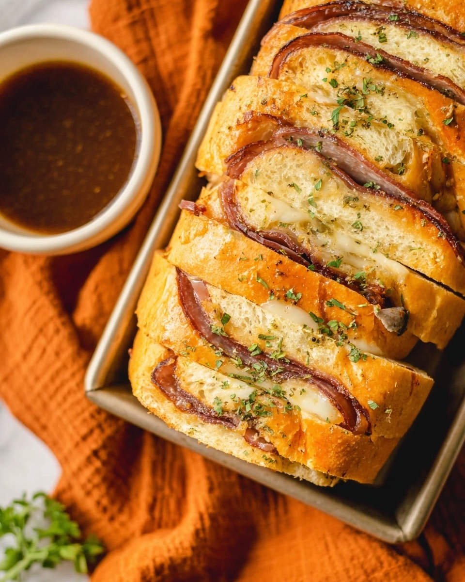 A close-up view of a sliced loaf with multiple layers, each filled with thin slices of brown meat and melted light yellow cheese between soft golden bread. The bread’s surface is shiny and sprinkled with small green herbs. The loaf sits in a metal baking tray over a white marbled surface with an orange fabric partially visible underneath. In the upper background, a white bowl filled with a dark brown liquid is partly seen. The overall image is warm and inviting. photo taken with an iphone --ar 4:5 --v 7