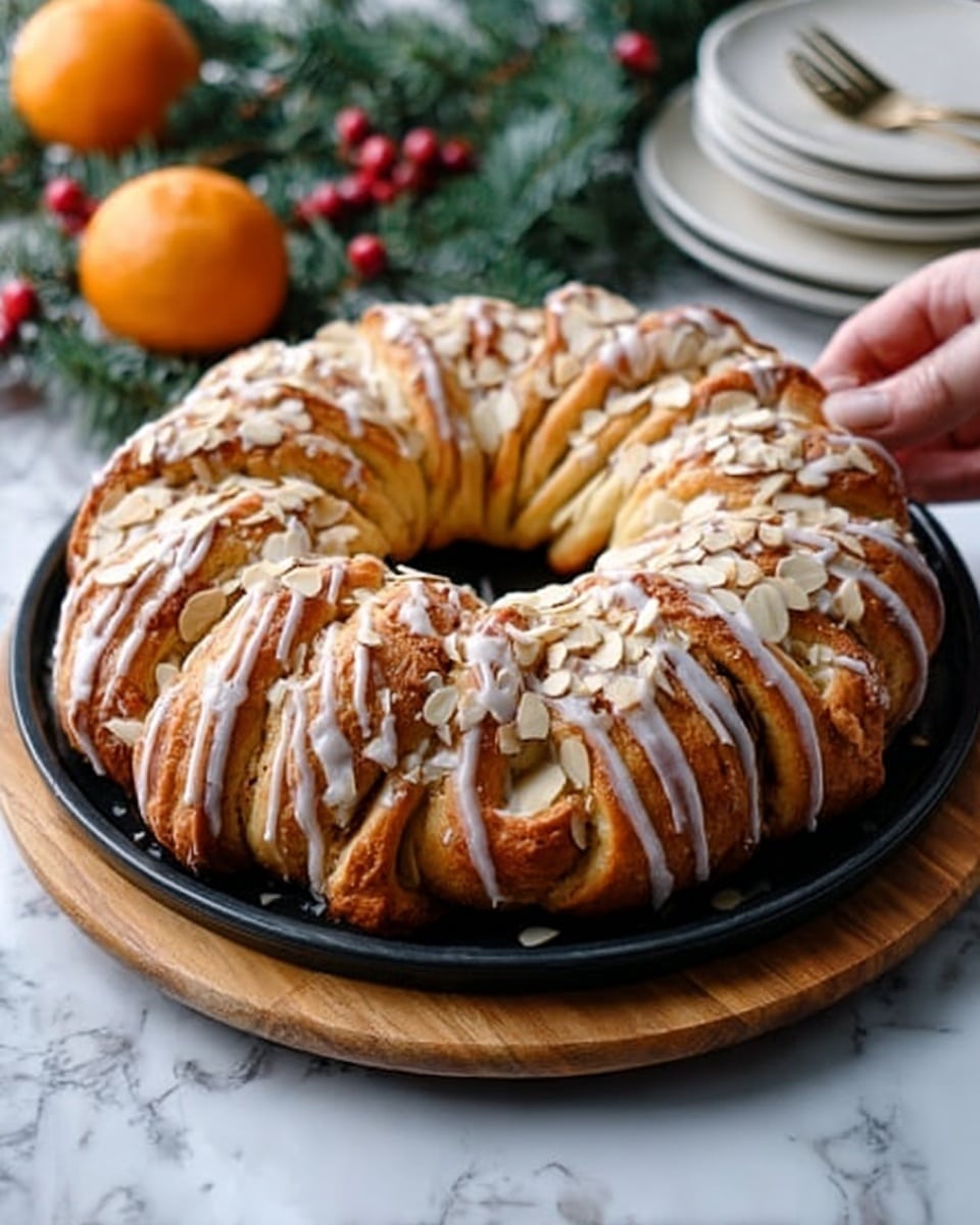 The image shows a round wreath-shaped bread with twisted layers, arranged in a ring on a black plate topped with almond slices. The bread has a golden brown color with white icing drizzled thinly over the top, contrasting with the almonds. The black plate sits on a wooden board, all placed on a white marbled surface. The bread layers are clearly visible, each twisted segment showing a soft, fluffy texture inside with shiny outer crust. In the background, there are some oranges and green pine branches adding a festive touch, and some stacked white plates slightly out of focus. A woman's hand is positioned near the edge of the plate, gently holding it. Photo taken with an iphone --ar 4:5 --v 7