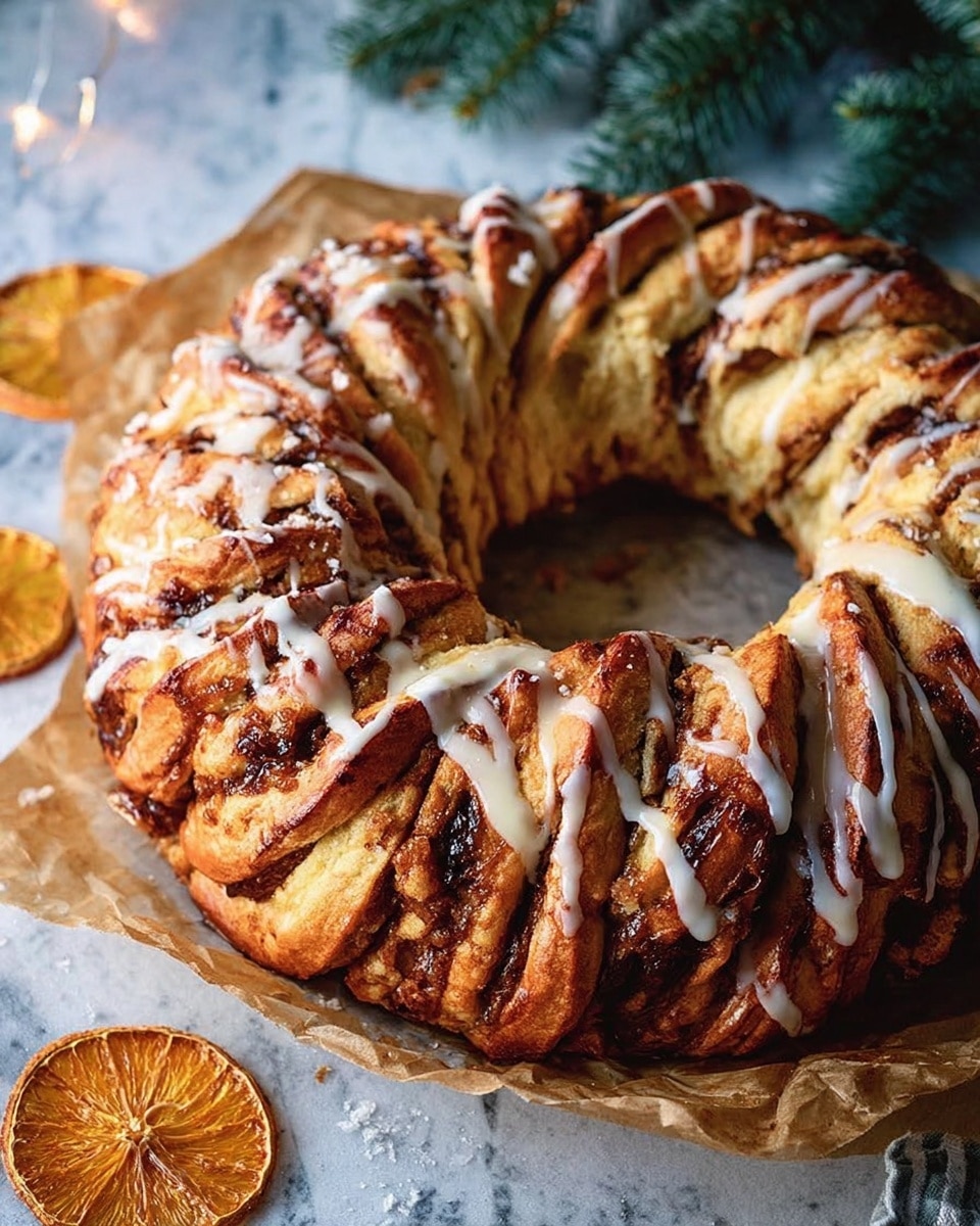 This is a round braided bread wreath with a golden brown crust. The bread has many twisted layers visible on top, showing a rich texture with darker brown spots where the filling has caramelized. White icing is drizzled in thin lines across the top, adding a bright contrast to the warm brown tones. The bread rests on crumpled parchment paper, and nearby there are dried orange slices and evergreen branches on a white marbled surface. The inside of the wreath shows a hollow ring with layered dough edges. photo taken with an iphone --ar 4:5 --v 7