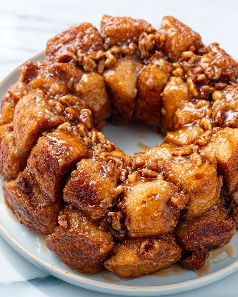 The image shows a round sticky pastry made of many bite-sized pieces, layered closely together to form a ring shape. The pastry pieces are golden brown with a shiny glaze on top that looks sweet and sticky. The texture of the pieces looks soft and slightly chewy, with some nut pieces sprinkled throughout for added crunch. The pastry is placed on a white plate set on a white marbled surface. Photo taken with an iphone --ar 4:5 --v 7