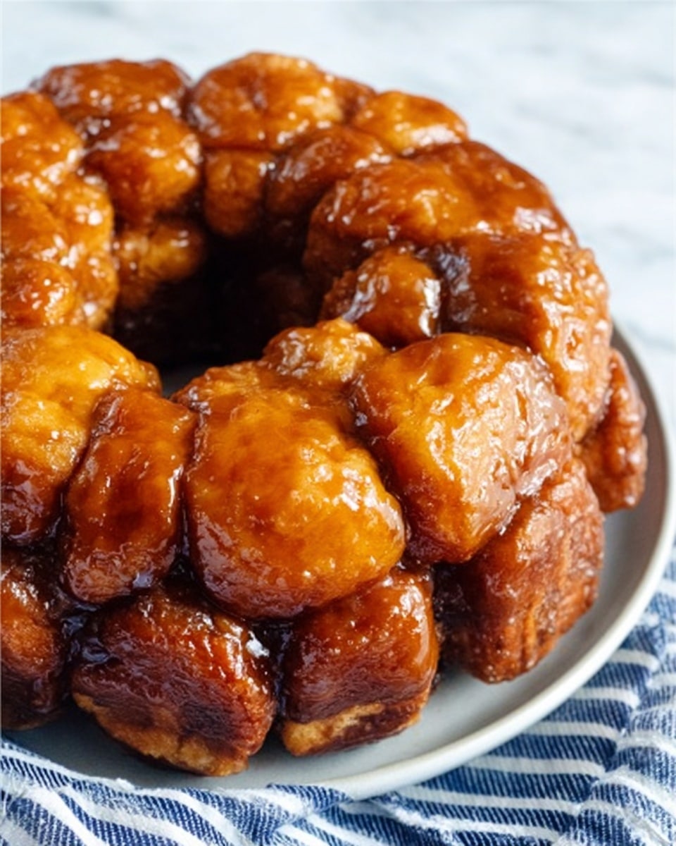 The image shows a round monkey bread with many pieces joined together, each piece covered in a shiny, golden-brown glaze that looks sticky and sweet. The monkey bread sits on a white plate that contrasts with the rich color of the bread. The background is a white marbled surface, and a striped fabric in blue and white is visible around the plate. The texture of the monkey bread looks soft and fluffy with a glossy caramel coating covering every piece. photo taken with an iphone --ar 4:5 --v 7