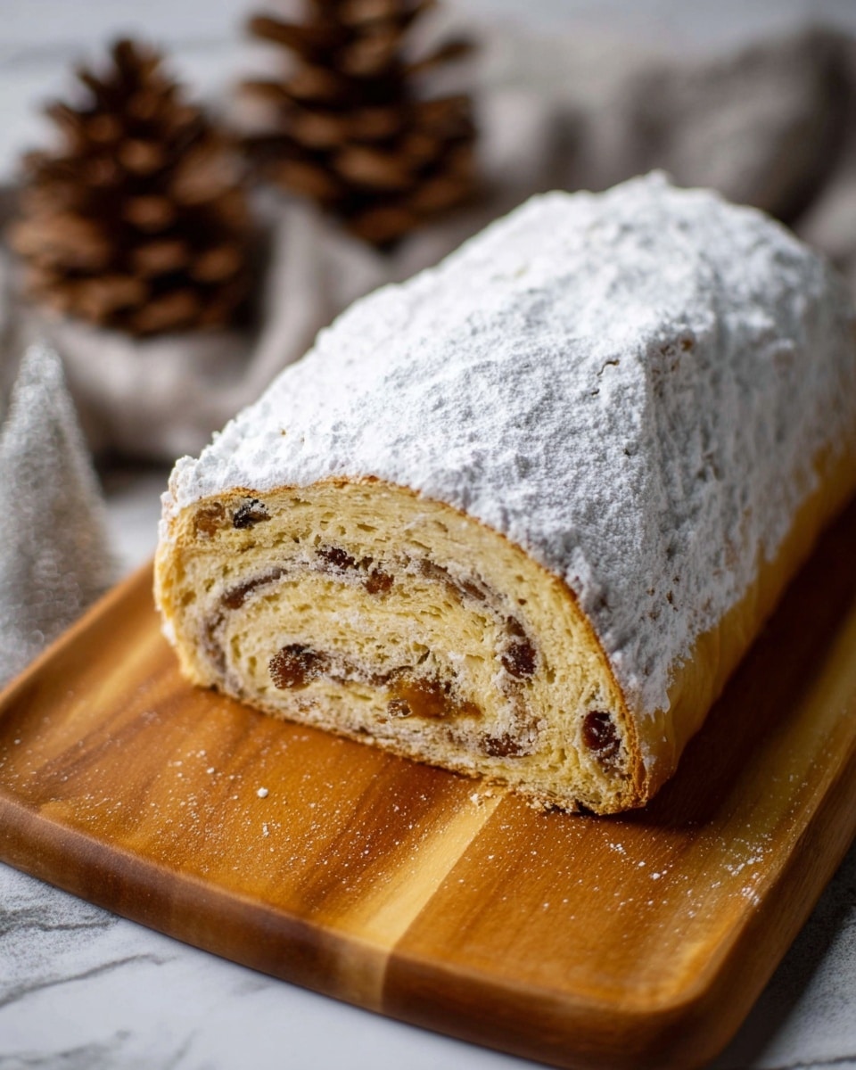 A loaf of bread topped with a thick layer of white powdered sugar, showing one cross-section at the front. Inside, there are two visible layers of soft, light golden dough swirled with a filling that looks brownish with small dark spots, likely dried fruit or nuts. The bottom crust is golden brown and slightly crispy. The loaf is placed on a wooden board with warm tones. In the blurry background, there are two brown pinecones and a gray cloth on a white marbled surface. photo taken with an iphone --ar 4:5 --v 7
