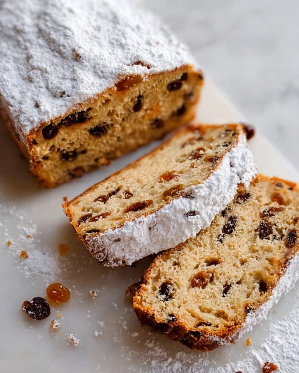 A loaf of fruit bread covered with powdered sugar on top sits on a white marbled surface, partially sliced into three pieces. The inside of the bread shows a dense texture with visible dark raisins evenly spread throughout the light golden-brown crumb. The edges of the bread are slightly darker, showing a baked crust. Some crumbs and small bits of powdered sugar are scattered around the slices and loaf. Photo taken with an iphone --ar 4:5 --v 7