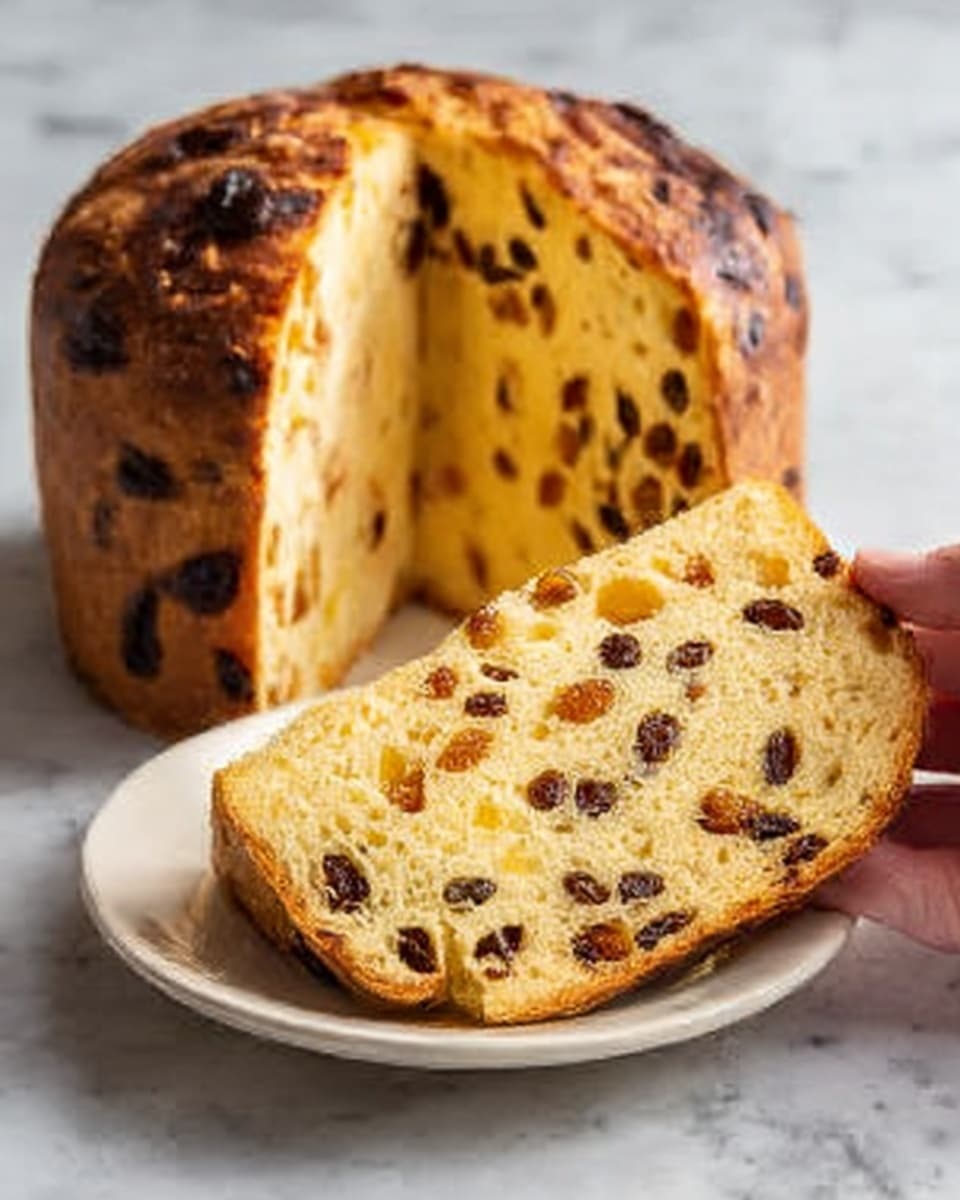 The image shows a tall, round loaf of sweet bread with a golden-brown crust on a white plate. One thick slice with a soft, light yellow inside dotted with many small dark raisins is placed in front of the loaf. The bread has a slightly rough and textured crust, while the inside looks moist and filled evenly with raisins. The white plate is on a white marbled surface. A woman's hand is holding the slice. Photo taken with an iphone --ar 4:5 --v 7