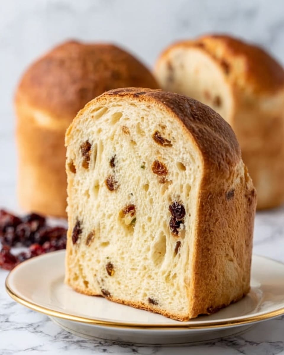 The image shows a thick slice of bread standing upright on a white plate with a thin gold rim. The bread has a light golden brown crust and a soft, light yellow inside speckled with dark dried fruits, which add texture and color contrast. Behind the slice, two more whole loaves with the same crust color are visible, sitting on a surface with a white marbled texture. The bread's crumb looks fluffy and slightly uneven, showing its fresh and airy texture. photo taken with an iphone --ar 4:5 --v 7