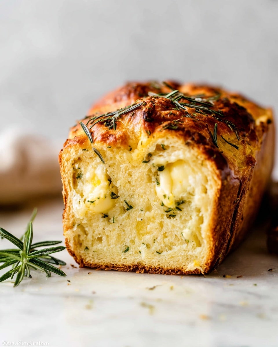 The image shows a close-up of a slice of golden brown bread pull-apart loaf with melted cheese stretching from the main loaf to the separate slice in the foreground. The loaf has several thick layers of soft bread intertwined with gooey melted cheese mixed with small green herbs, likely rosemary, for added texture and color contrast. The top crust is a shiny, caramel color with visible melted cheese and bits of herbs sprinkled across it. The loaf rests on a white marbled surface with a fresh sprig of rosemary placed next to it for decoration. photo taken with an iphone --ar 4:5 --v 7