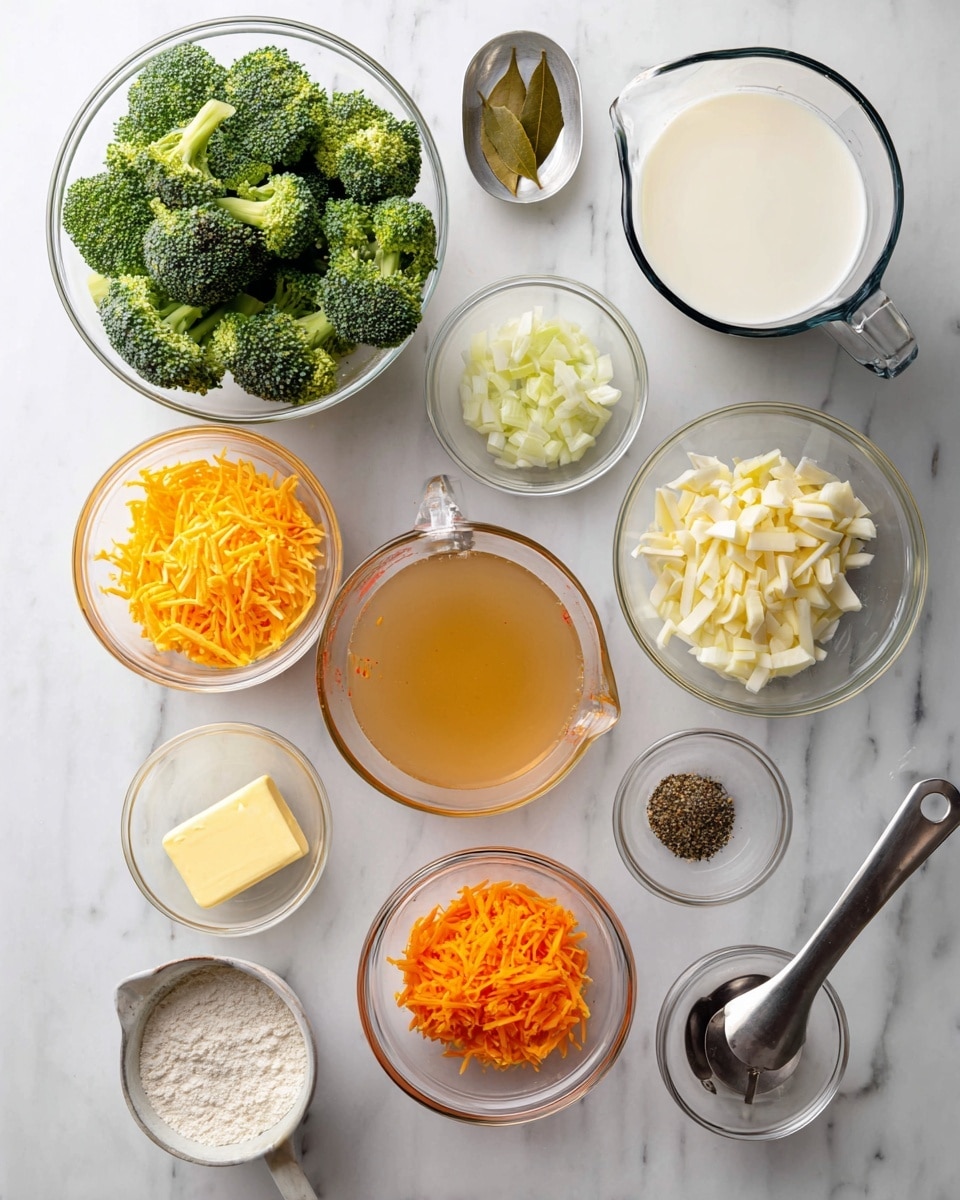 A top-down view of clear glass bowls and measuring cups arranged on a white marbled surface, holding bright green broccoli florets, shredded bright orange cheddar cheese, finely chopped white onions, thin orange carrot sticks, a dried bay leaf in a small bowl, a glass measuring cup filled with light brown broth, another glass measuring cup with white milk, a small bowl of light yellow melted butter, a small bowl of minced garlic, a metal measuring cup of white flour, a small spoonful of brown seasoning, and a small dish with black pepper and white salt mixed together, all neatly spaced out in an orderly pattern photo taken with an iphone --ar 4:5 --v 7