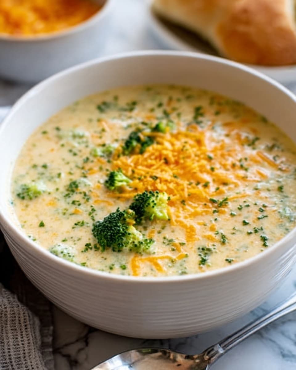 A white bowl filled with creamy broccoli soup that has a thick texture and small broccoli pieces visible throughout. The top layer is covered with grated orange cheese sprinkled lightly with chopped green herbs. The bowl is placed on a white marbled surface with a silver spoon resting beside it. The background shows a blurred white dish and a piece of bread. Photo taken with an iphone --ar 4:5 --v 7