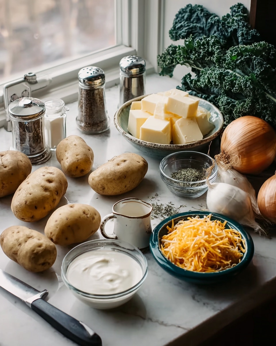 The image shows a collection of ingredients arranged on a white marbled surface near a window. There are five light brown potatoes positioned in the front left, a white marbled small pitcher filled with milk in the center, and a small clear glass bowl with white cream right next to it. A dark teal bowl on the right holds a mix of shredded orange cheese and three whole potatoes. Behind, a ceramic bowl contains neat stacks of butter cubes, and a round clear bowl in the middle holds green dried herbs. A red onion and a large bunch of dark green kale leaves sit towards the back right. Salt and pepper shakers and a pepper grinder are placed in the far left background. There are two kitchen tools, a peeler and a small knife with black handles, lying on the surface in the front left corner. photo taken with an iphone --ar 4:5 --v 7