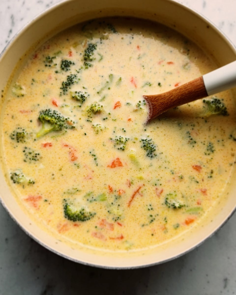 The image shows a creamy soup in a white bowl, filled with small pieces of orange carrots and green broccoli bits. A wooden spoon with a white handle is resting on the bowl's edge, slightly dipped into the thick, smooth, pale yellow soup. The soup looks rich with small colorful vegetable bits spread evenly throughout, with the bowl placed on a white marbled surface. photo taken with an iphone --ar 4:5 --v 7