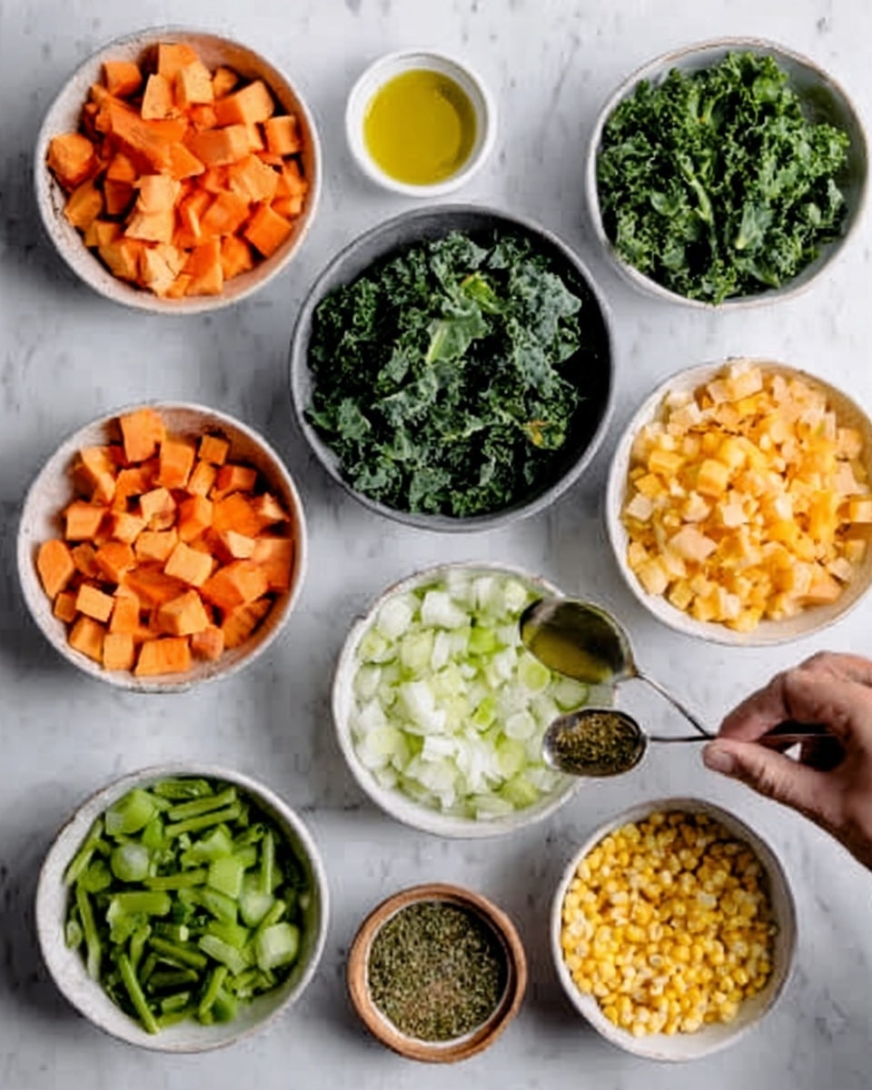 The image shows many small white bowls on a white marbled surface, each filled with fresh vegetables and ingredients. There are orange diced pieces of carrot and sweet potato, green leafy kale, green beans, chopped celery, white chopped onions, yellow corn kernels, and a small bowl with olive oil. A woman’s hand is holding a spoon near a bowl with herbs and spice. The bowls are arranged in a circle, showing a variety of colors like orange, green, white, and yellow. photo taken with an iphone --ar 4:5 --v 7