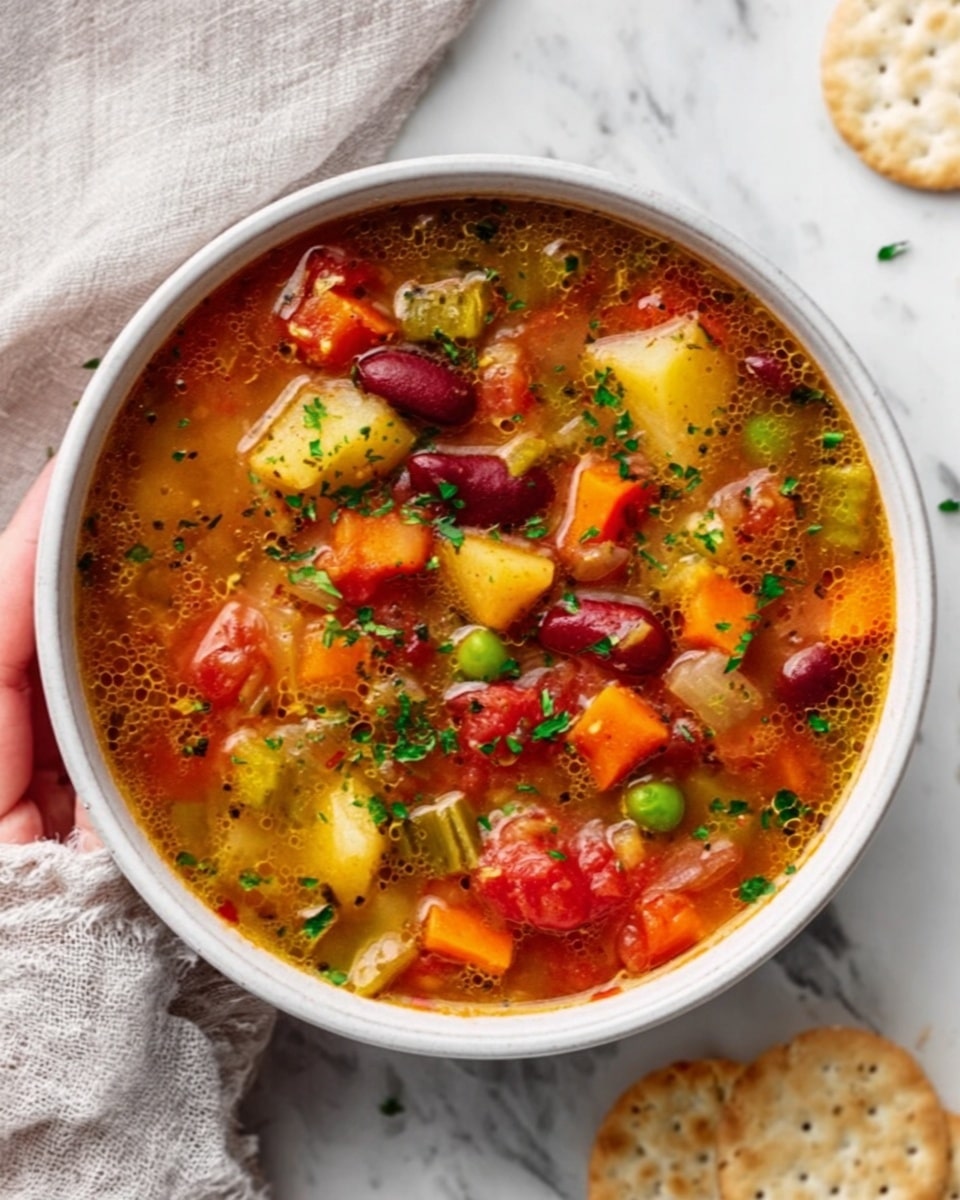 A white bowl is filled with a colorful soup featuring visible layers of ingredients. The top layer has bright red tomato pieces and small green chopped herbs scattered over it. Below, there are orange carrot chunks, red kidney beans, white potato pieces, and green peas mixed evenly in a rich broth. The liquid looks clear and warm with tiny bubbles and bits of seasoning floating throughout. The bowl sits on a white marbled surface with a light gray cloth and a white cracker partially visible nearby. A woman's hand gently holds the edge of the bowl. Photo taken with an iphone --ar 4:5 --v 7