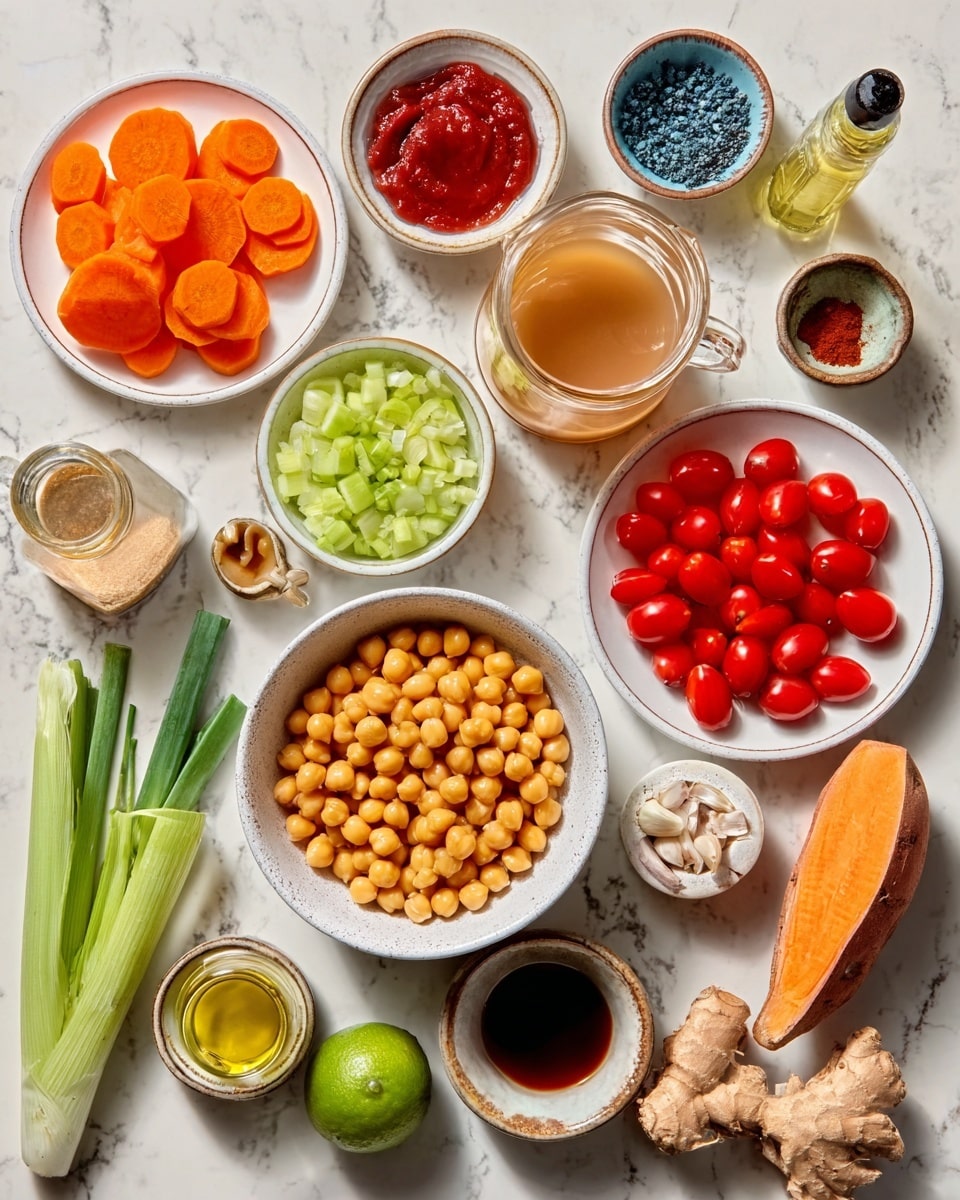 The image shows a flat lay of various colorful ingredients arranged neatly on a white marbled surface. At the center, there is a white bowl filled with round, golden chickpeas. Around it, there are several small white bowls and plates holding different foods: bright orange carrot slices, light green chopped celery, and vibrant red cherry tomatoes on a white plate. There is also a glass jug with light brown liquid, a small bowl with a dark red sauce, and another bowl with dark blue spices. Scattered around the bowls are fresh garlic cloves, whole green onions, fresh ginger root, a green lime, a small bottle of light yellow oil, and a piece of dark orange sweet potato. The scene creates a colorful and fresh layout, with each ingredient clearly visible and well separated. photo taken with an iphone --ar 4:5 --v 7