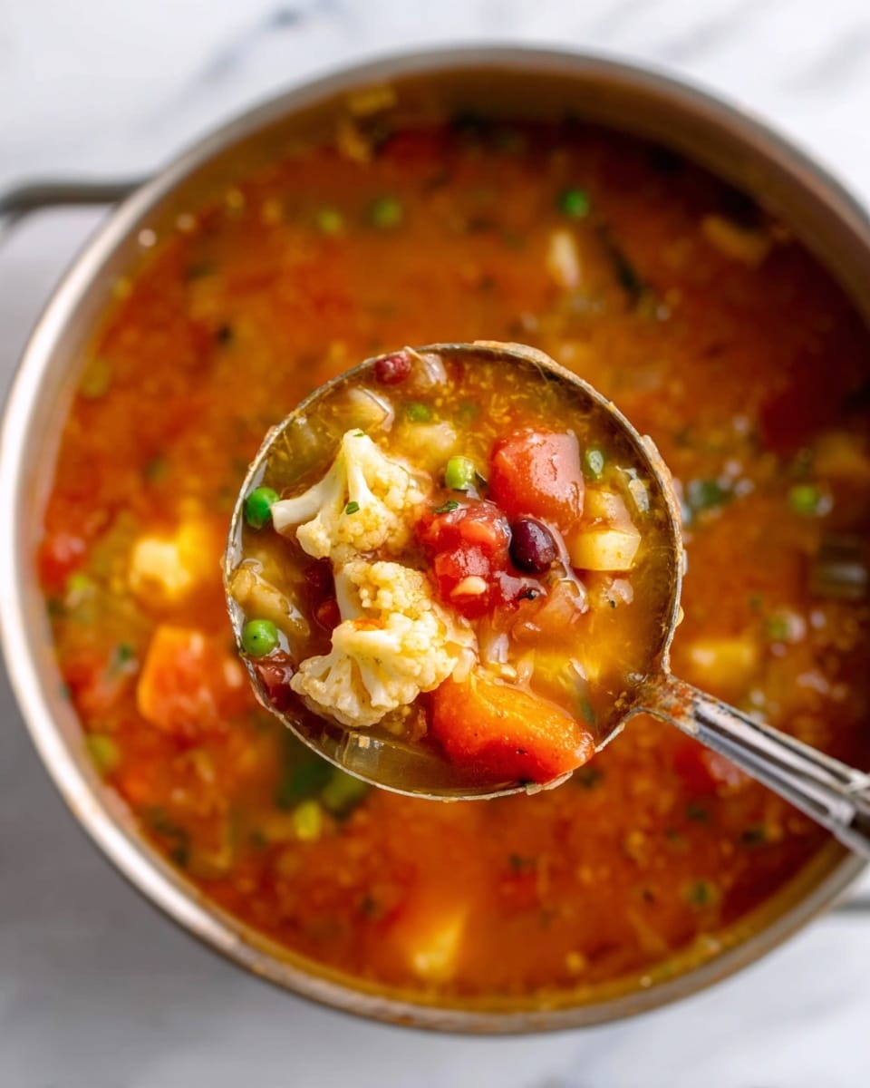 A close-up view of a ladle filled with chunky vegetable soup held above a pot. The soup in the ladle has many colorful layers including soft orange broth, bright red tomato pieces, white cauliflower florets, small green peas, and dark beans mixed in. The ladle is shiny metal, and in the background, you see more soup in the pot with similar chunky vegetables floating. The whole scene rests on a white marbled surface. photo taken with an iphone --ar 4:5 --v 7