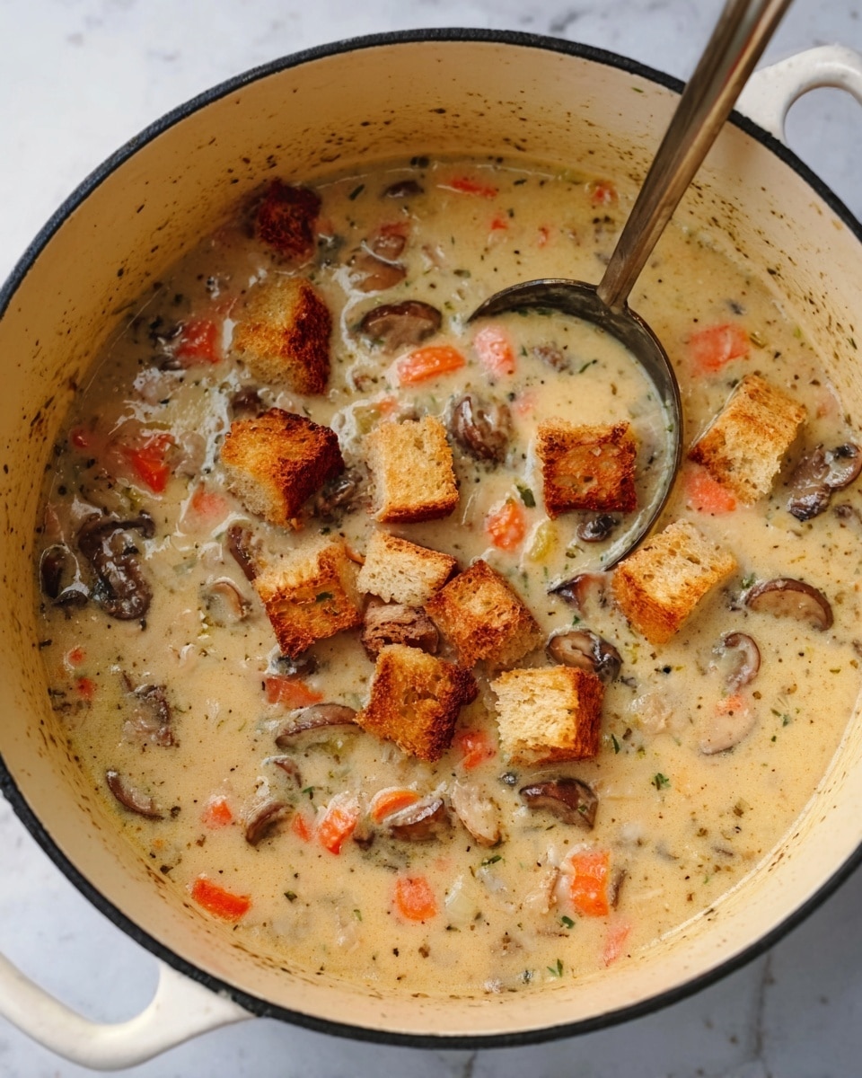 A white pot filled with thick cream soup that has small pieces of orange carrots and brown mushrooms mixed in. There are golden-brown toasted bread cubes scattered on top of the soup, and a metal ladle is resting inside the pot. The pot is placed on a white marbled surface. photo taken with an iphone --ar 4:5 --v 7