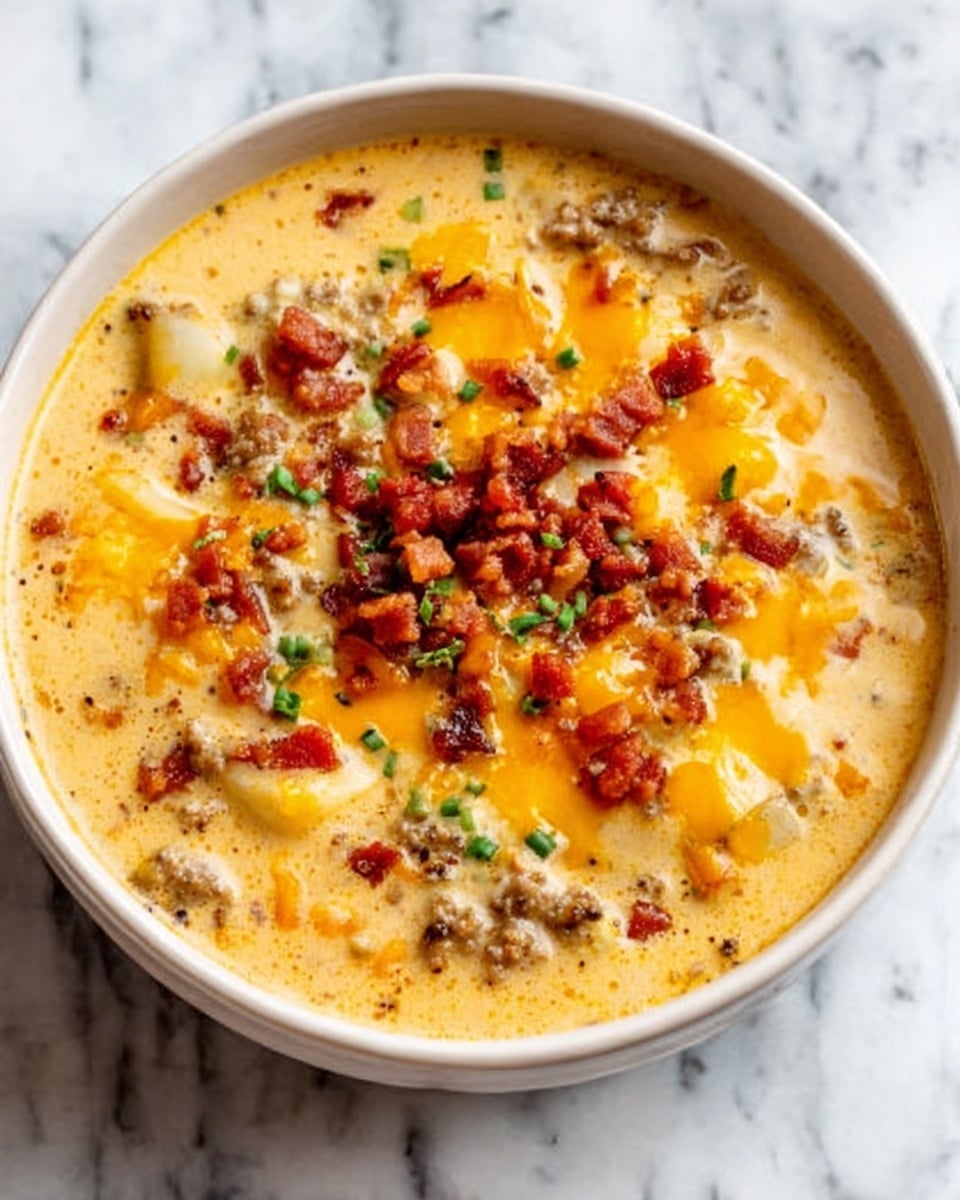 A white bowl filled with creamy soup sits on a white marbled surface. The soup has a thick, smooth yellow base with visible bits of ground meat, orange melted cheese, and small pieces of crispy reddish-brown bacon sprinkled on top. The colors and textures layer naturally, with the cheese melting into the soup and the bacon bits resting on the surface. photo taken with an iphone --ar 4:5 --v 7