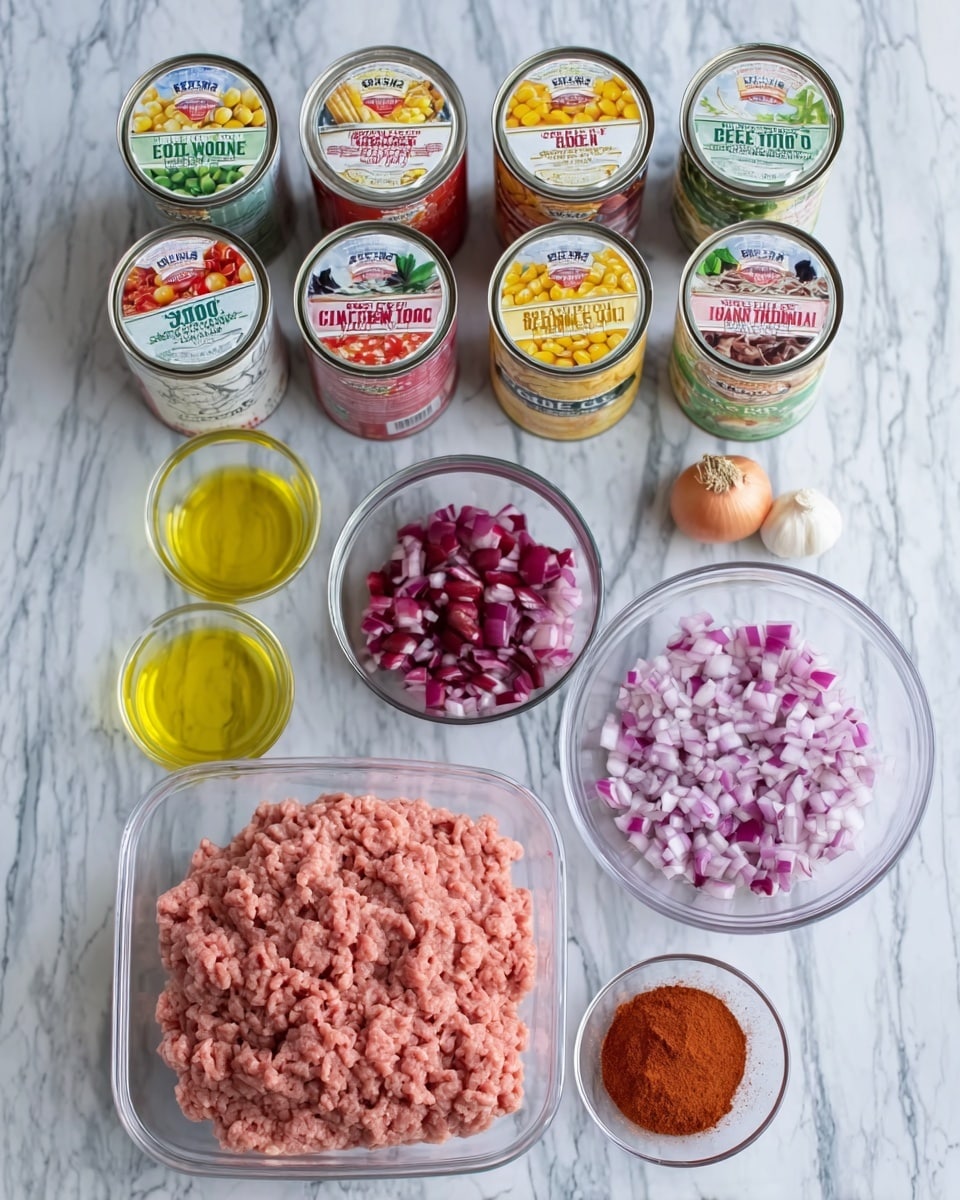 The image shows a white marbled surface with various cooking ingredients arranged neatly. At the bottom center, there is a clear plastic container filled with light pink ground meat. Above it, there is a small glass bowl filled with chopped red onions. To the left of the onion bowl, there is a small glass bowl with yellow oil, and to the right, a small glass bowl with reddish-brown powder. Behind these bowls, there are eight cans arranged in two rows; the cans feature labels showing beans, tomatoes, corn, and broth, all standing upright with some lids partially open. The overall scene is bright and clean, with the items neatly placed and ready for cooking. Photo taken with an iphone --ar 4:5 --v 7