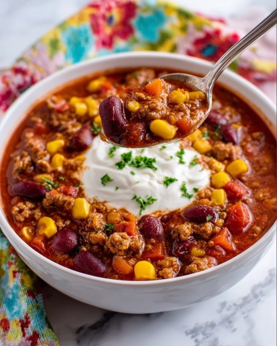 A white bowl filled with a thick chili showing several layers: the base is a rich, deep red tomato sauce, topped with a mix of cooked ground meat, dark red kidney beans, bright yellow corn kernels, and small pieces of orange carrots. On top in the center is a dollop of white sour cream with a few green chopped herbs sprinkled over it. A silver spoon is lifting a scoop of the chili from the bowl. The bowl sits on a white marbled surface, with a colorful cloth napkin nearby. Photo taken with an iphone --ar 4:5 --v 7