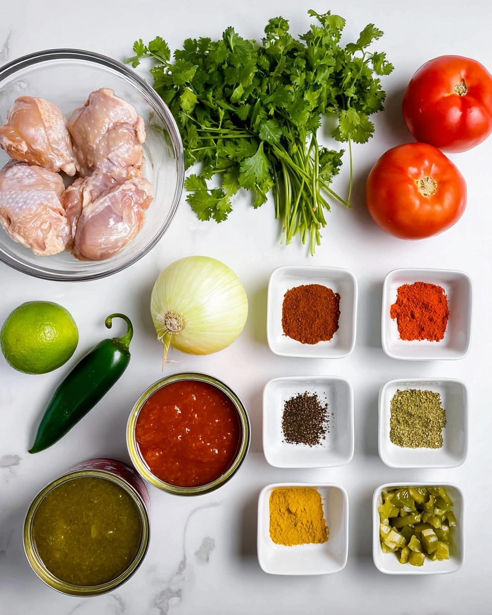 The image shows ingredients neatly arranged on a white marbled surface. There are two pieces of raw chicken in a clear glass bowl at the bottom left. To the right, two Roma tomatoes, a whole lime, a whole yellow onion, a bulb of garlic, and a green jalapeño pepper are laid out in a row. Above these, a bunch of fresh green cilantro with leafy stems is placed. Around the middle right area, there are five small white square dishes, each holding different spices in red, brown, black, and yellow colors. Below the vegetables, there are two open cans, one filled with red tomato sauce and the other with green diced chilies. The overall setup is bright and clean, ready for cooking. Photo taken with an iphone --ar 4:5 --v 7